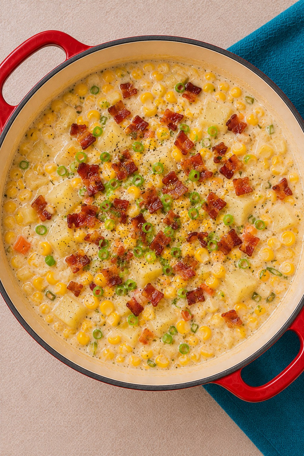 Overhead view of a finished pot of corn chowder with bacon topped with peas and bacon bits