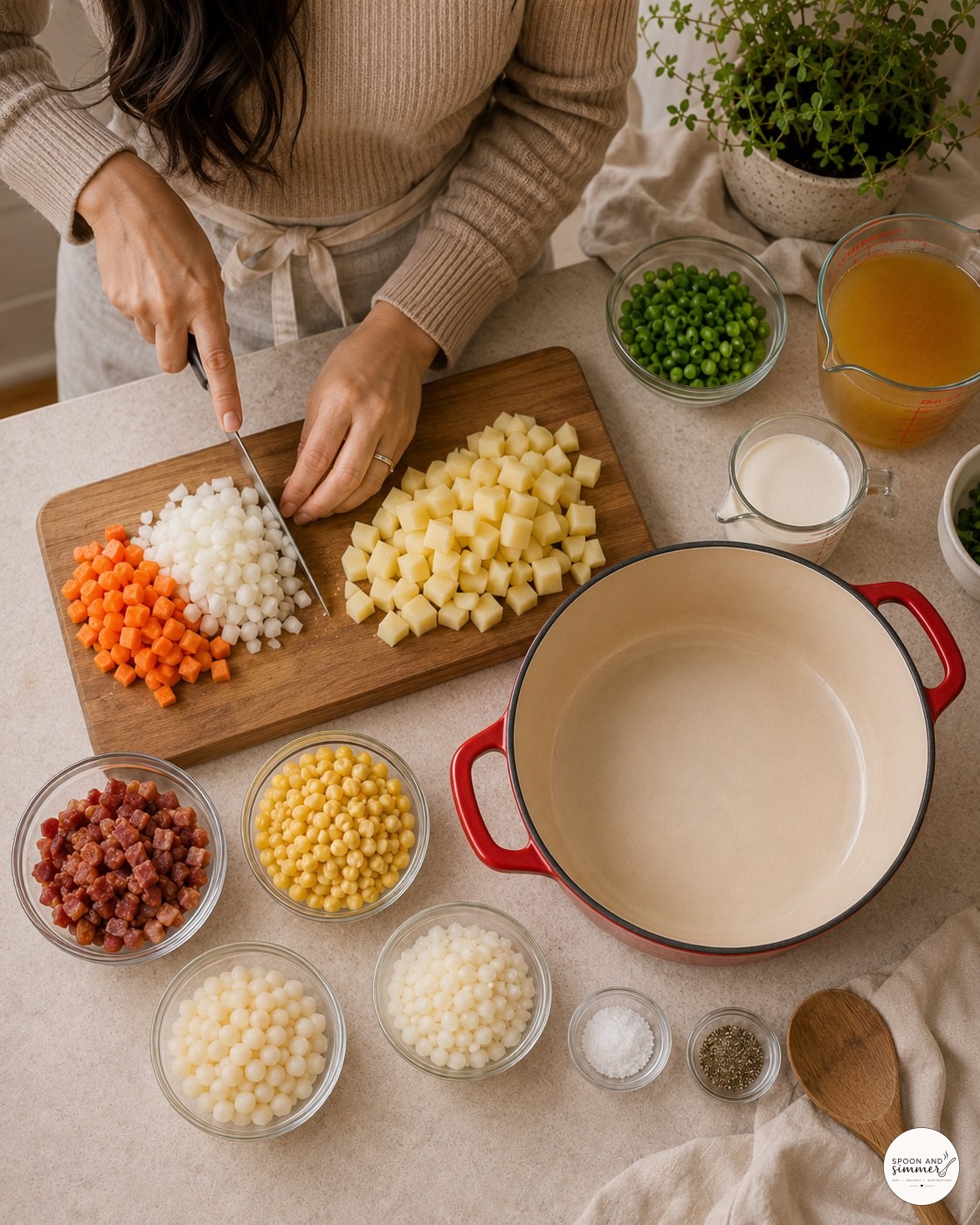 Hands dicing potatoes and onions on a wooden board for corn chowder with bacon