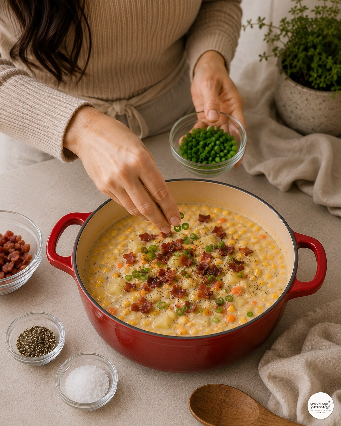 Hands garnishing finished corn chowder with bacon with fresh peas and bacon bits