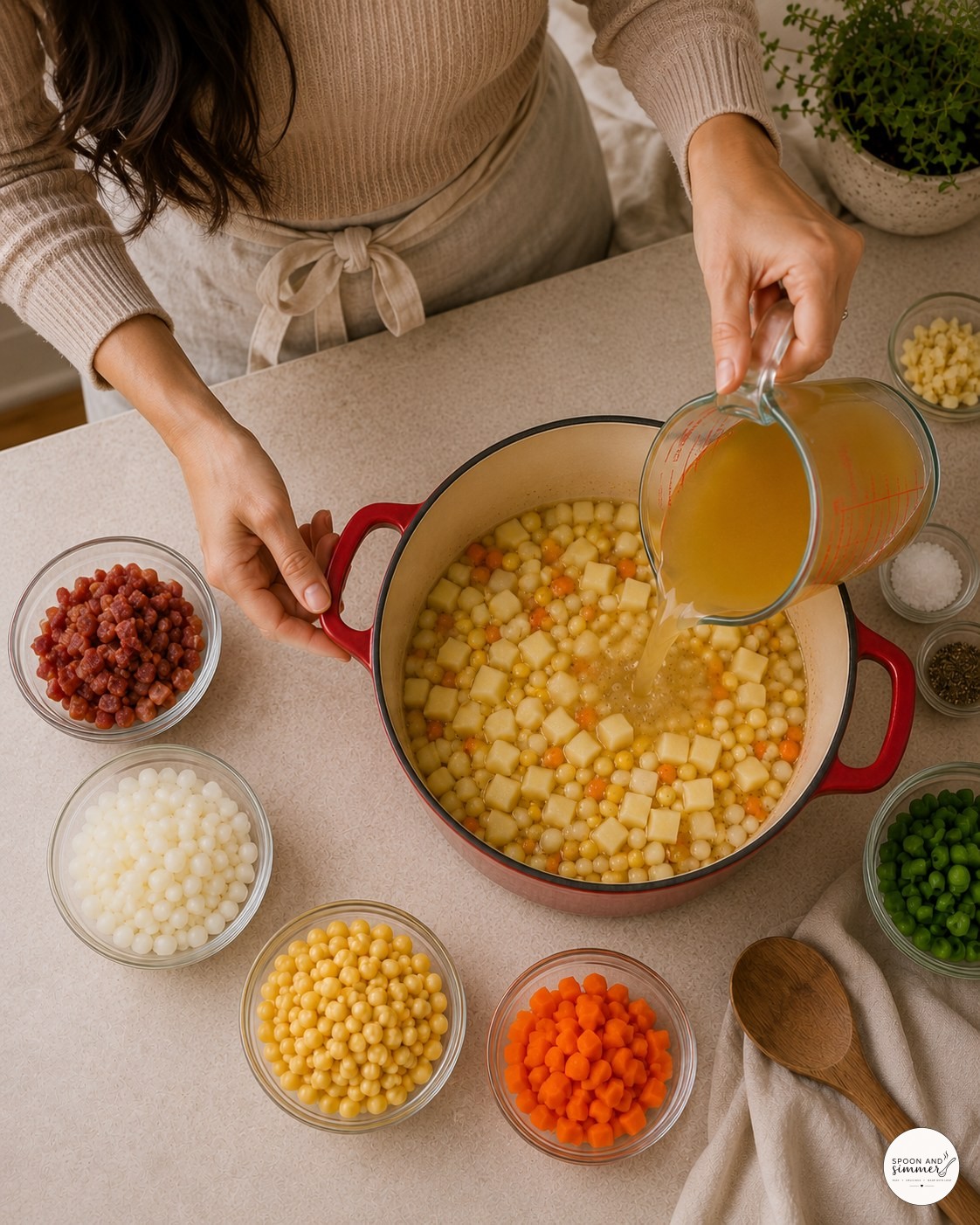 Pouring chicken broth over potatoes and corn for corn chowder with bacon