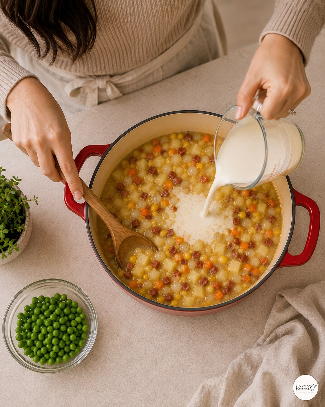 Pouring room temperature cream into simmering corn chowder with bacon