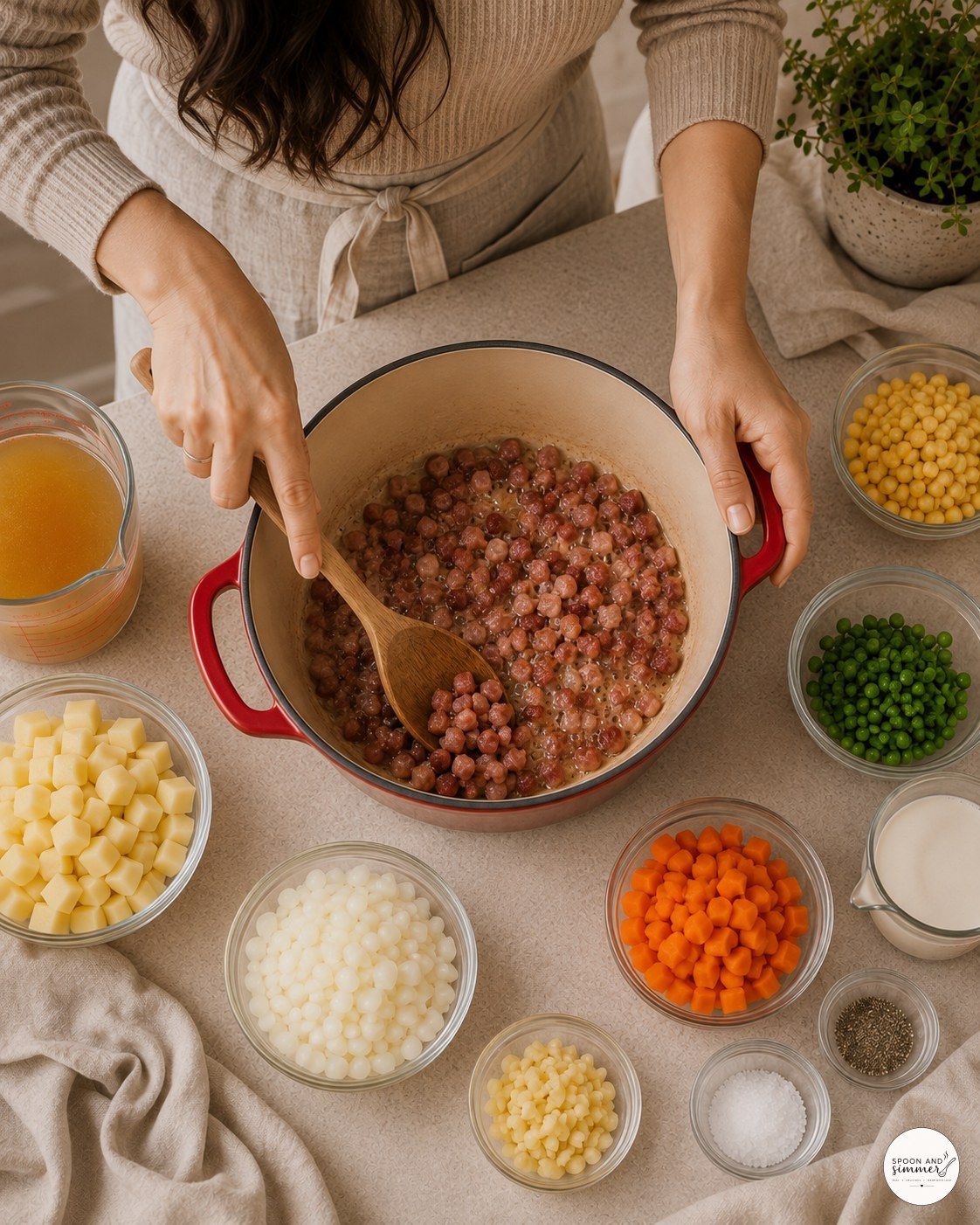 Stirring diced bacon rendering in a red Dutch oven for corn chowder with bacon