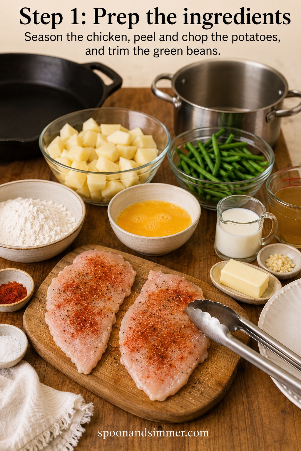Ingredients laid out for country fried chicken with gravy, including seasoned cutlets, potatoes, and green beans