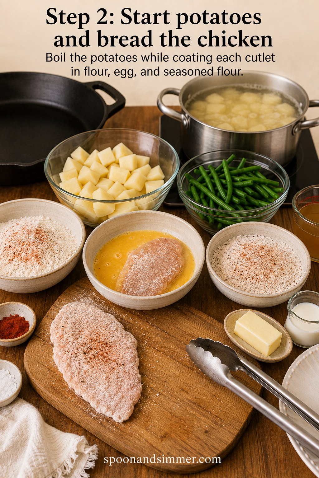 Breading chicken cutlets in flour, egg, and seasoned flour while potatoes boil for country fried chicken with gravy