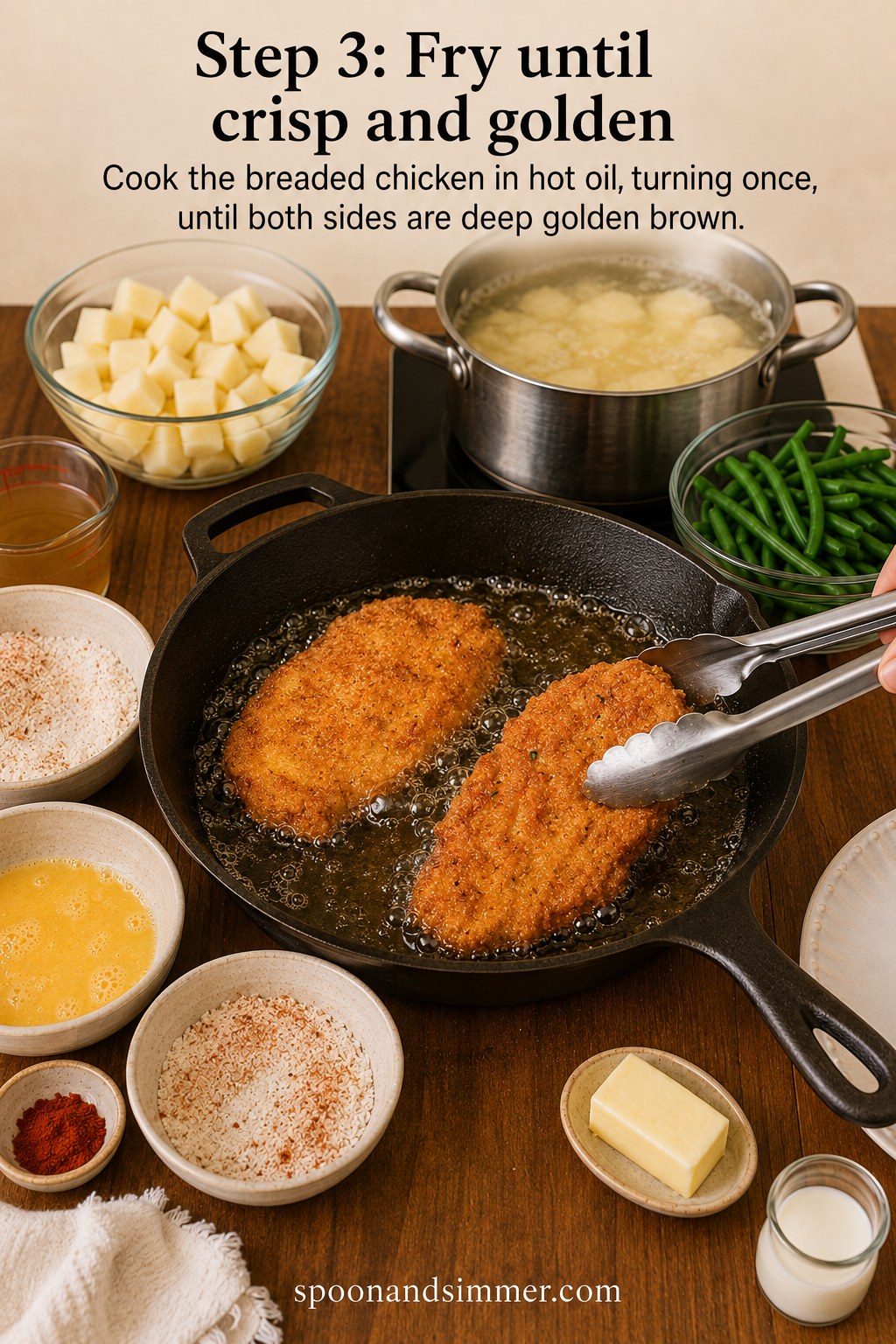Country fried chicken frying golden brown in a cast iron skillet with hot oil