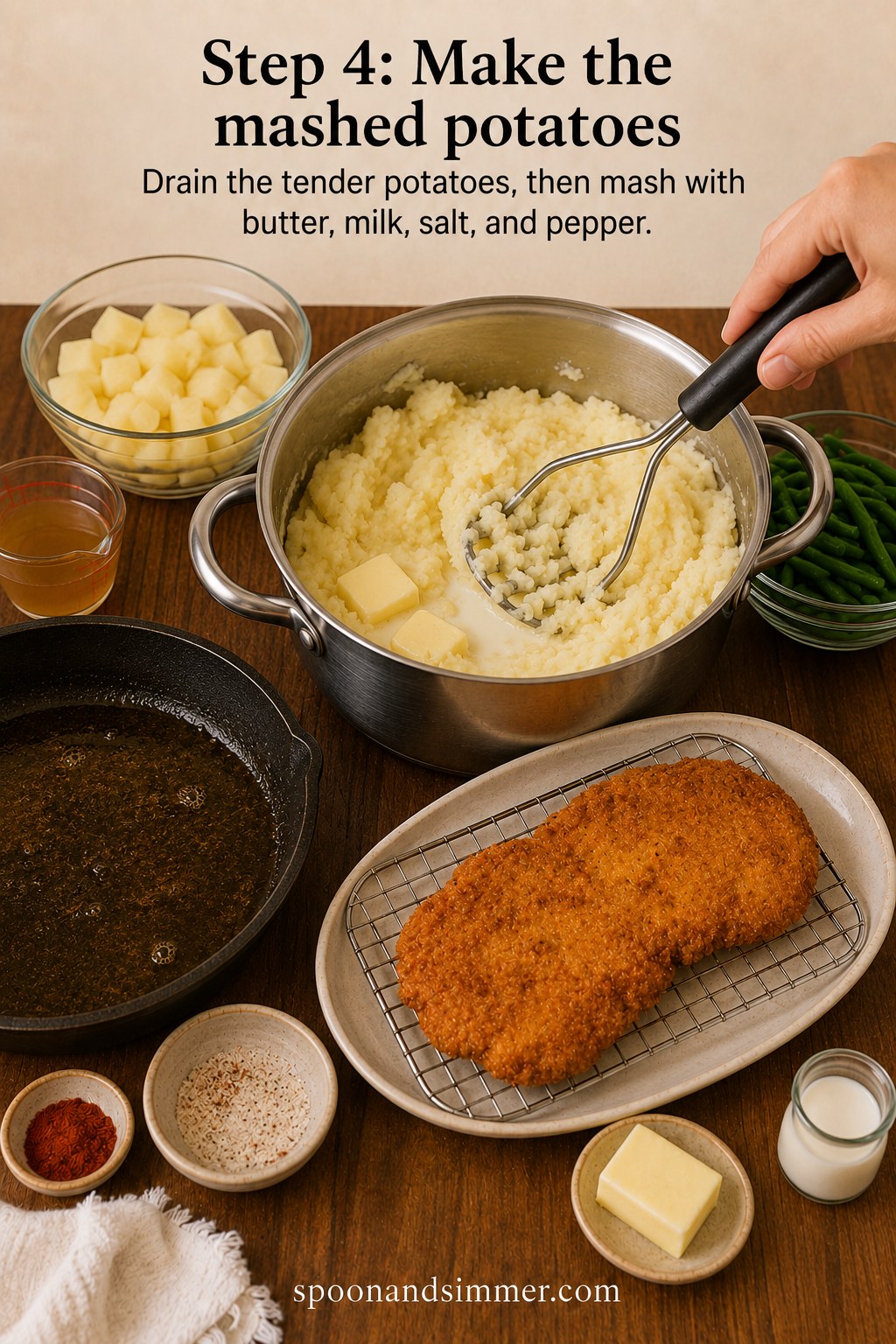 Mashing boiled potatoes with butter and milk for the side of country fried chicken with gravy