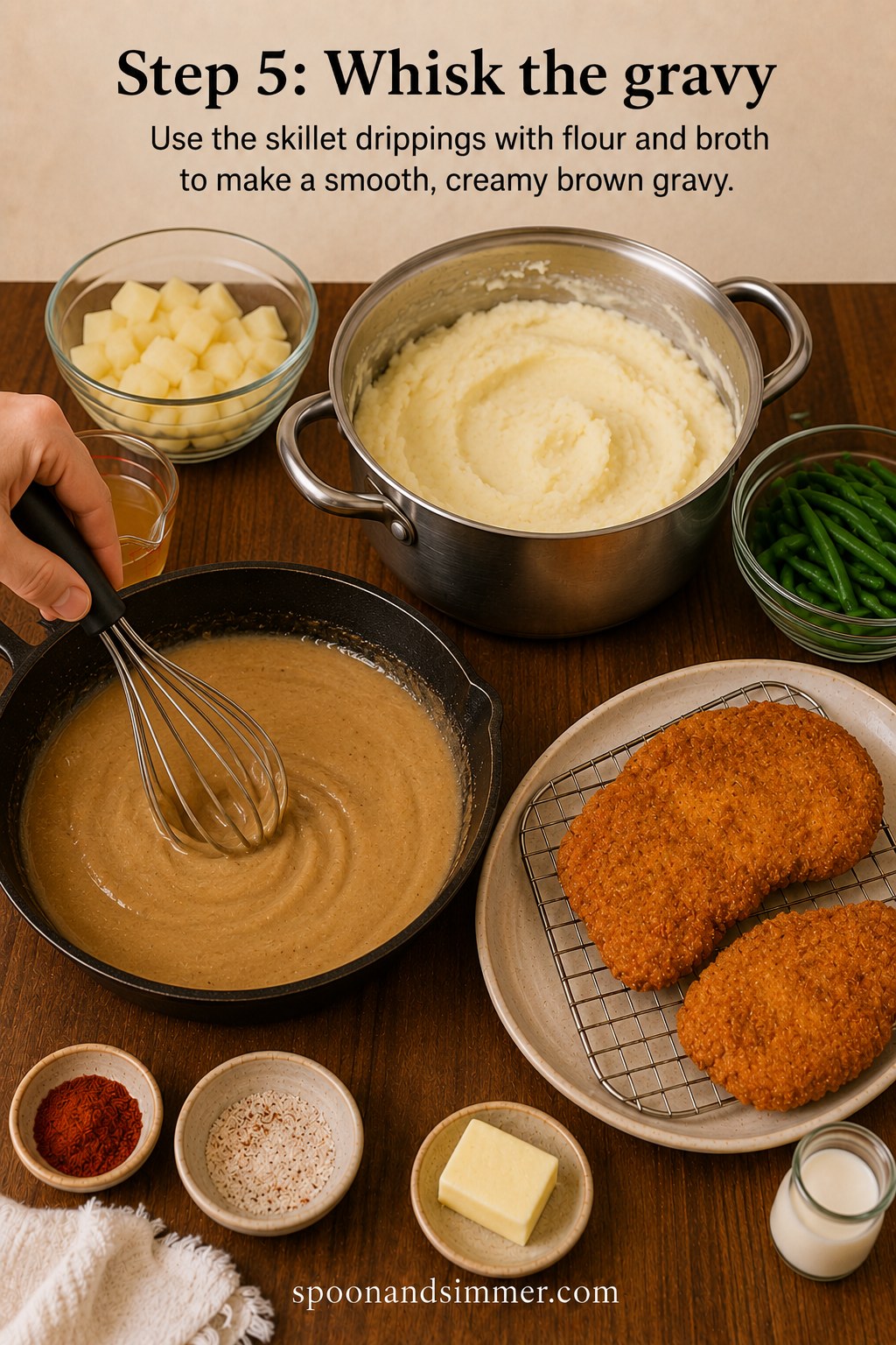 Whisking skillet drippings and flour into smooth brown gravy for country fried chicken with gravy