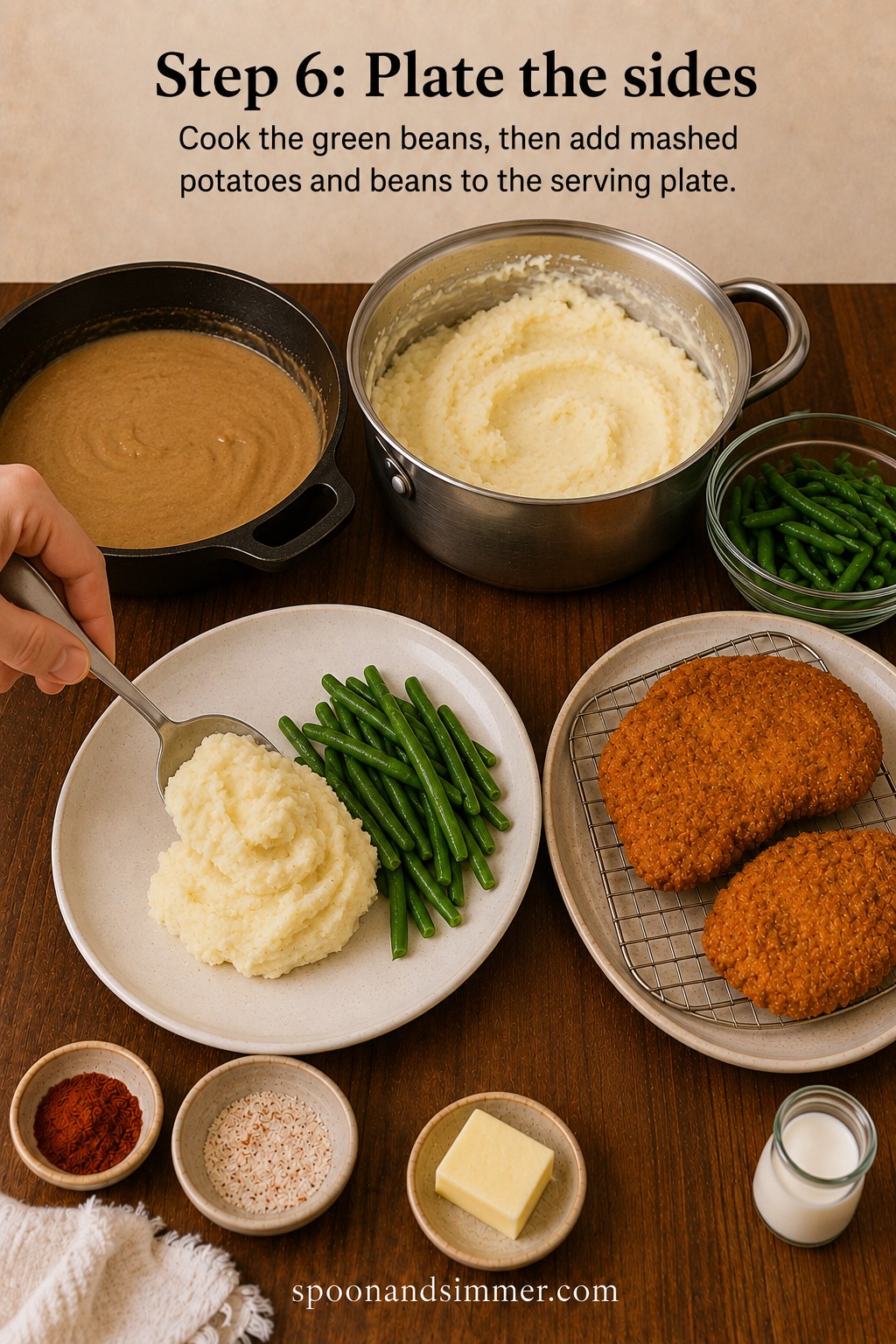 Plating mashed potatoes and cooked green beans alongside crispy country fried chicken with gravy