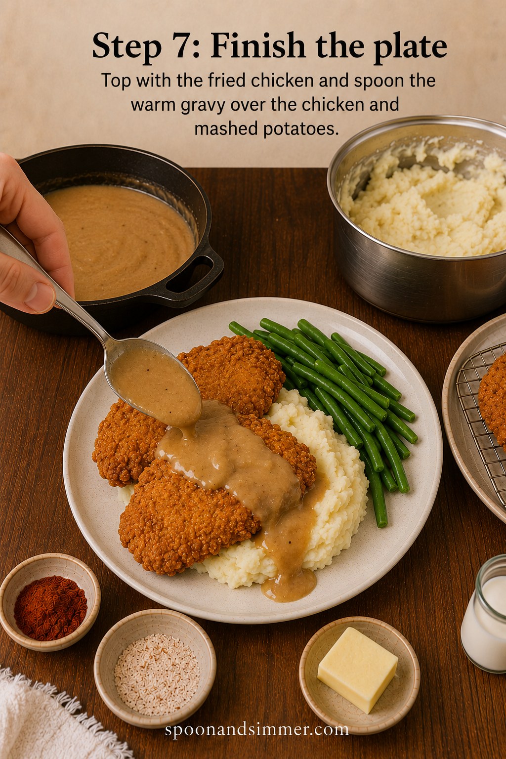 Spooning warm gravy over fried chicken cutlets and mashed potatoes on a dinner plate