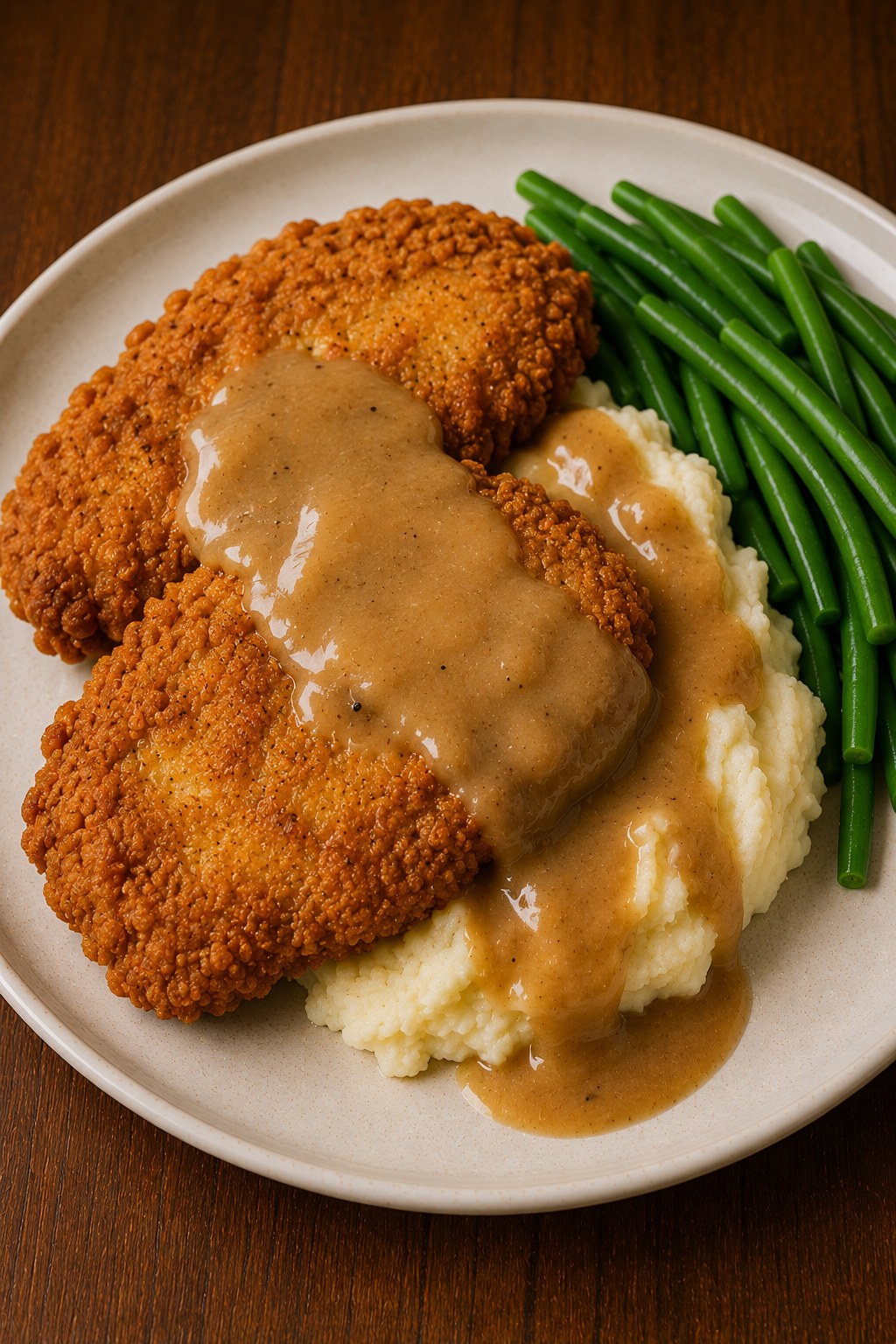 Finished plate of country fried chicken with gravy, mashed potatoes, and green beans