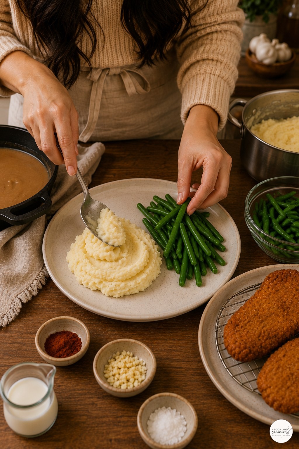 Arranging cooked green beans and mashed potatoes on a plate for country fried chicken with gravy