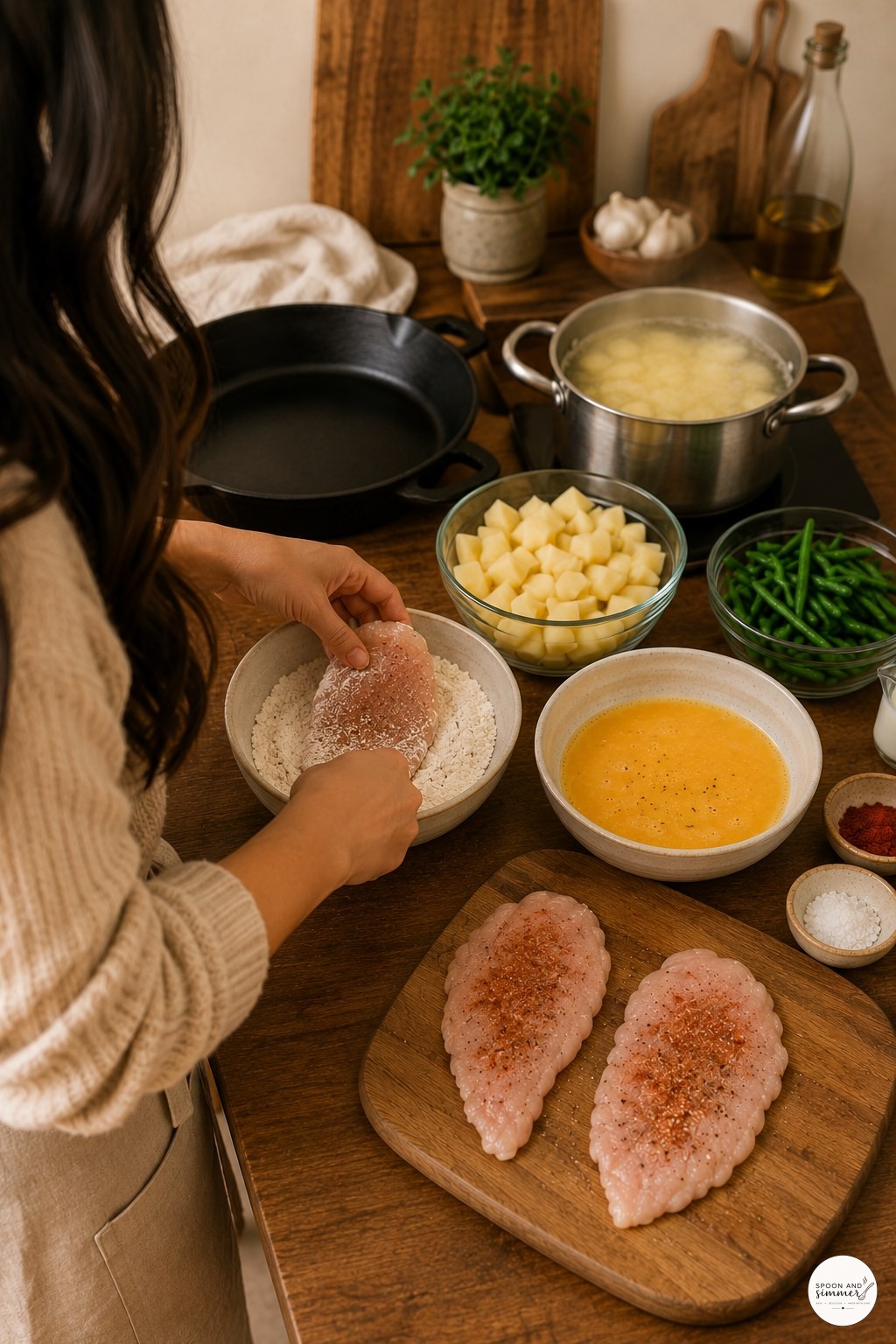 Coating a chicken cutlet in seasoned flour during the breading process for fried chicken with gravy