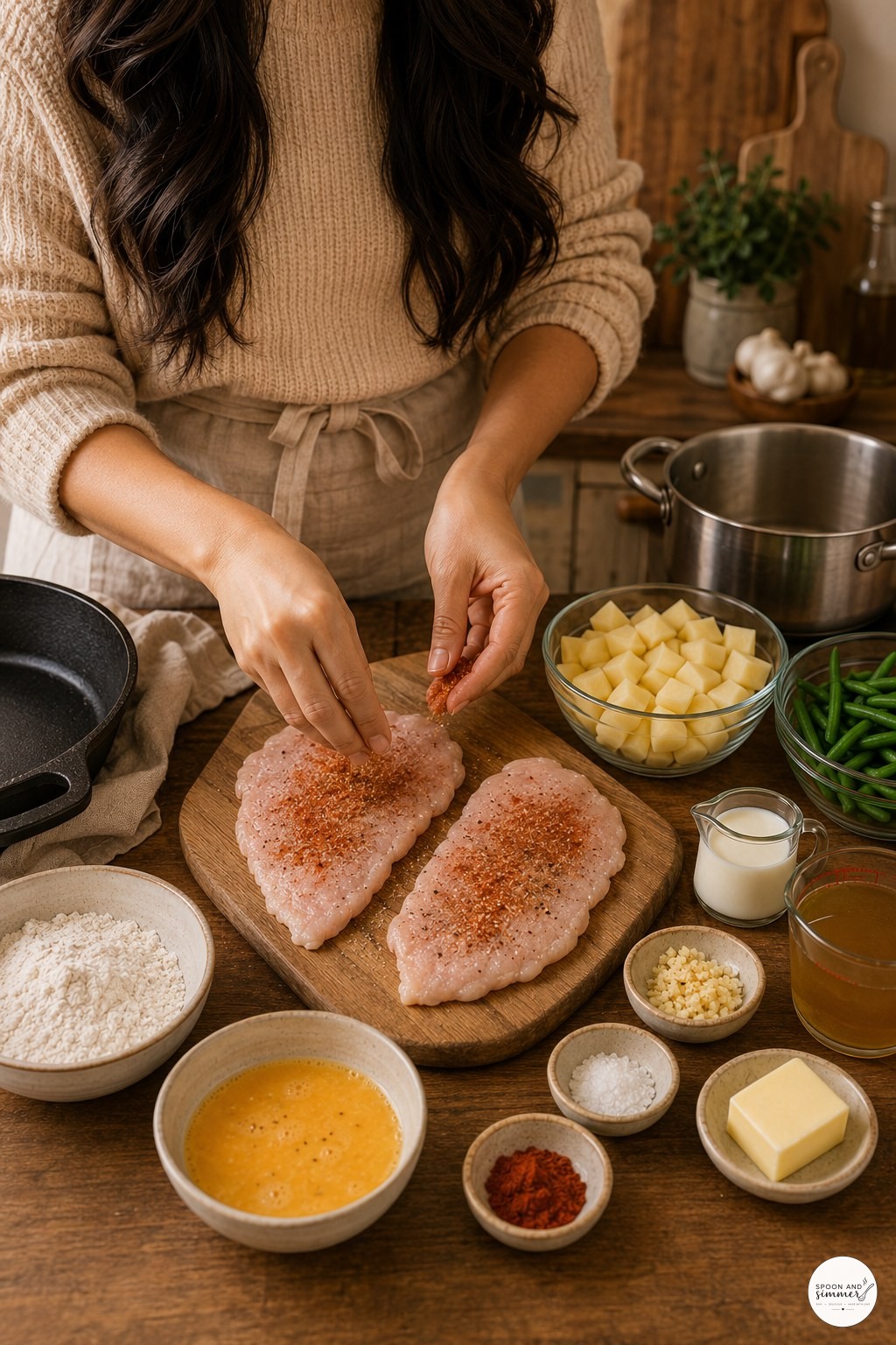Hands seasoning raw chicken cutlets with paprika for country fried chicken with gravy