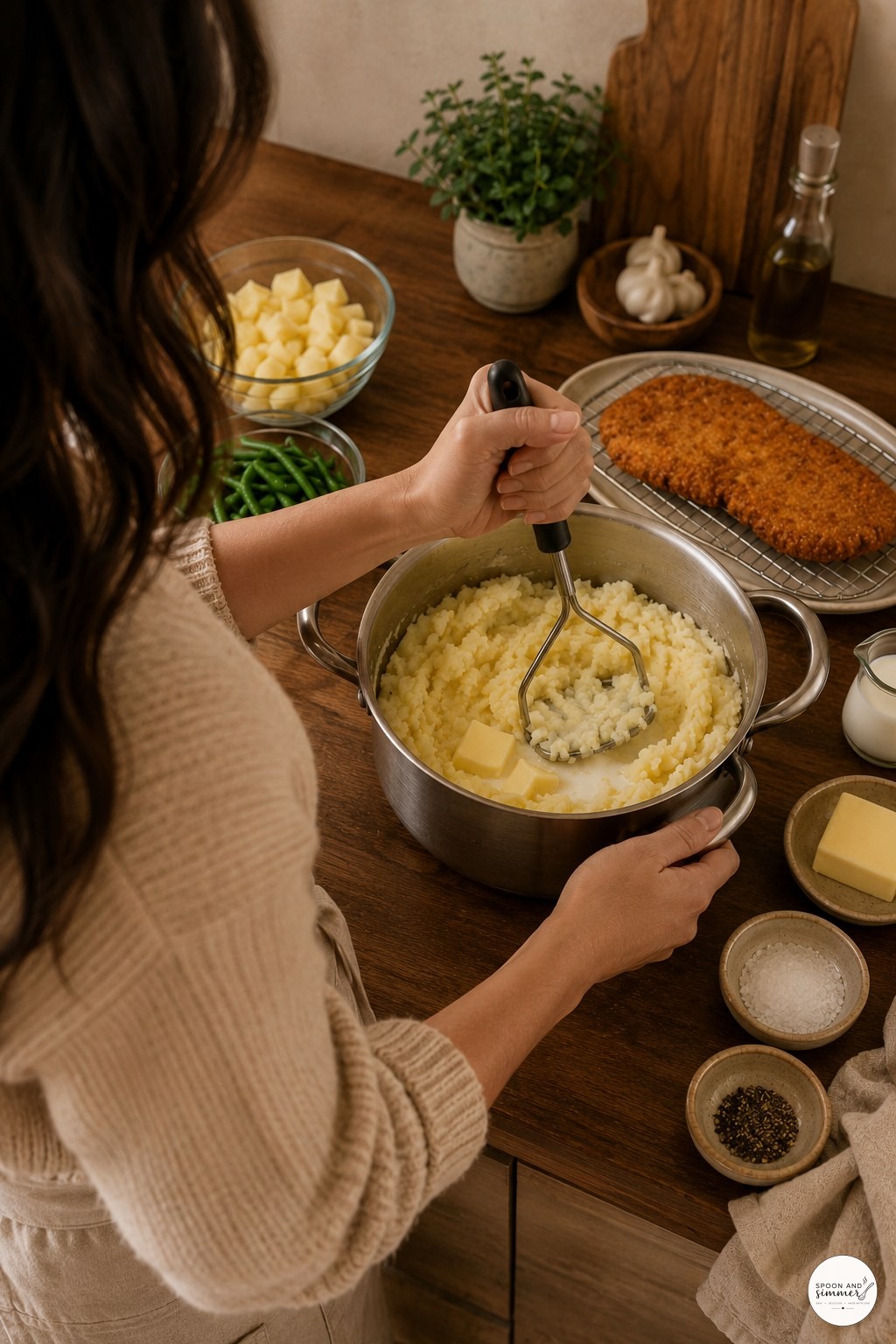 Mashing boiled potatoes with a hand masher in a pot for country fried chicken with gravy