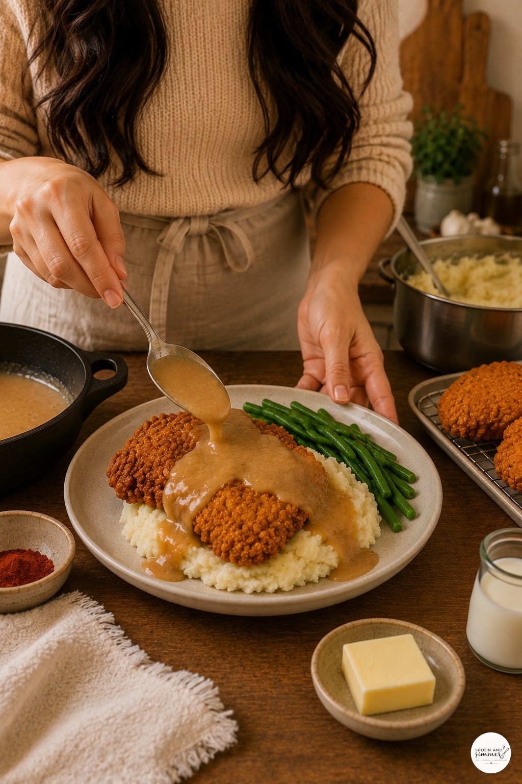 Spooning gravy over fried chicken and mashed potatoes on a dinner plate at home