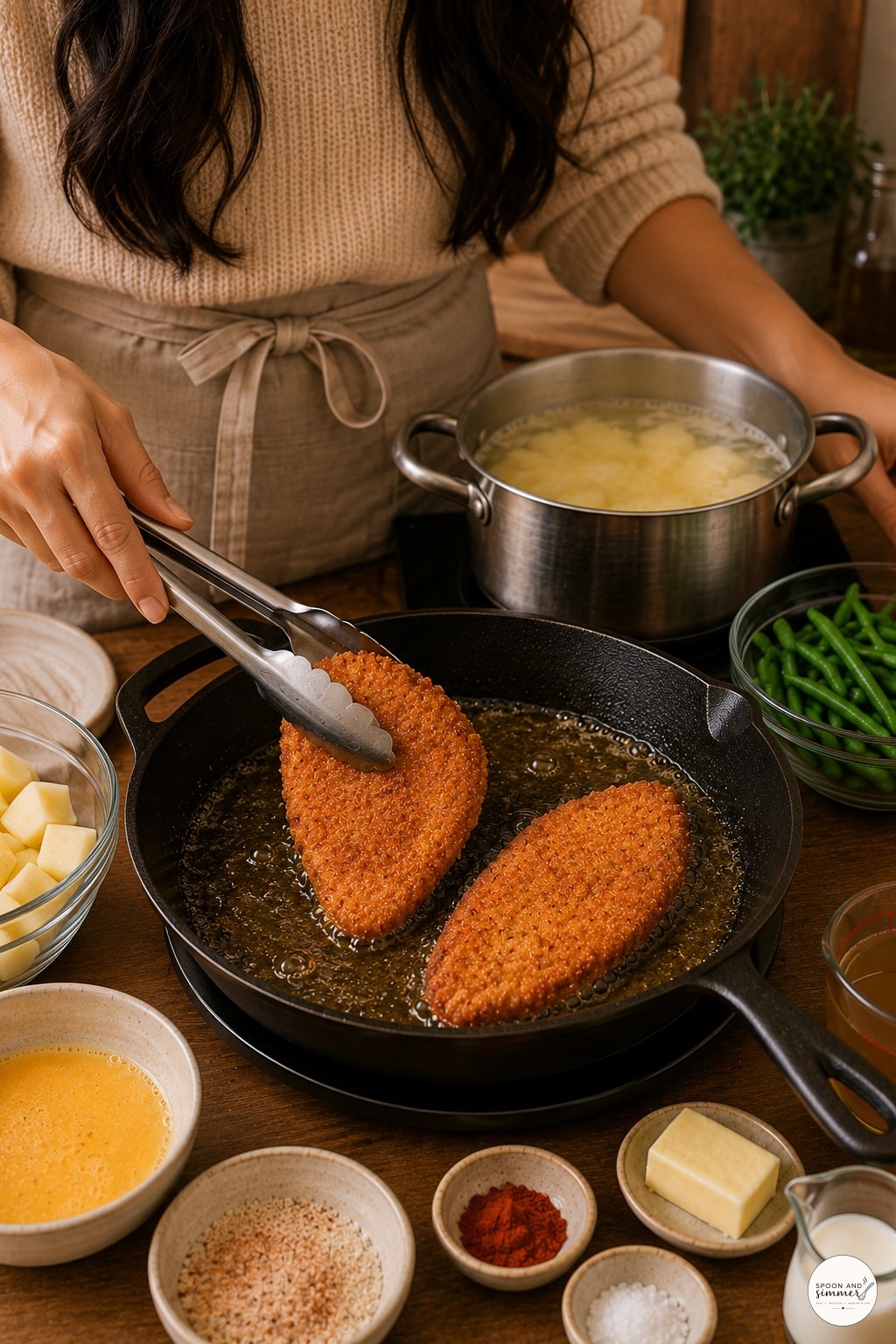 Turning golden brown chicken cutlets with tongs while frying in a cast iron skillet