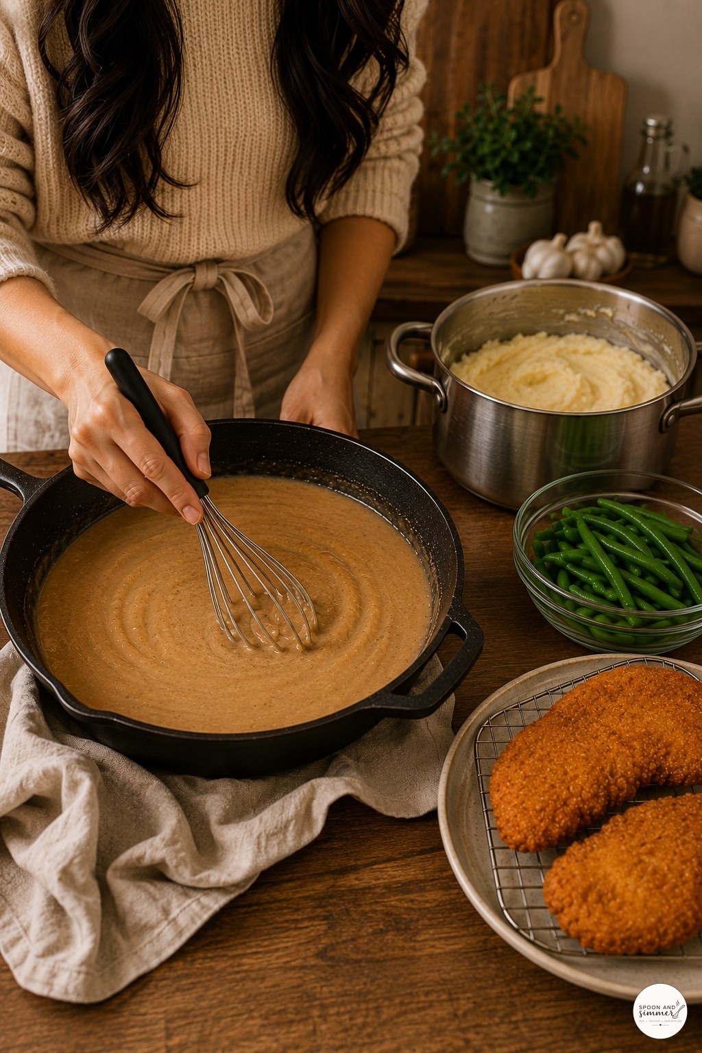 Whisking brown gravy in a cast iron skillet with fried chicken cooling nearby