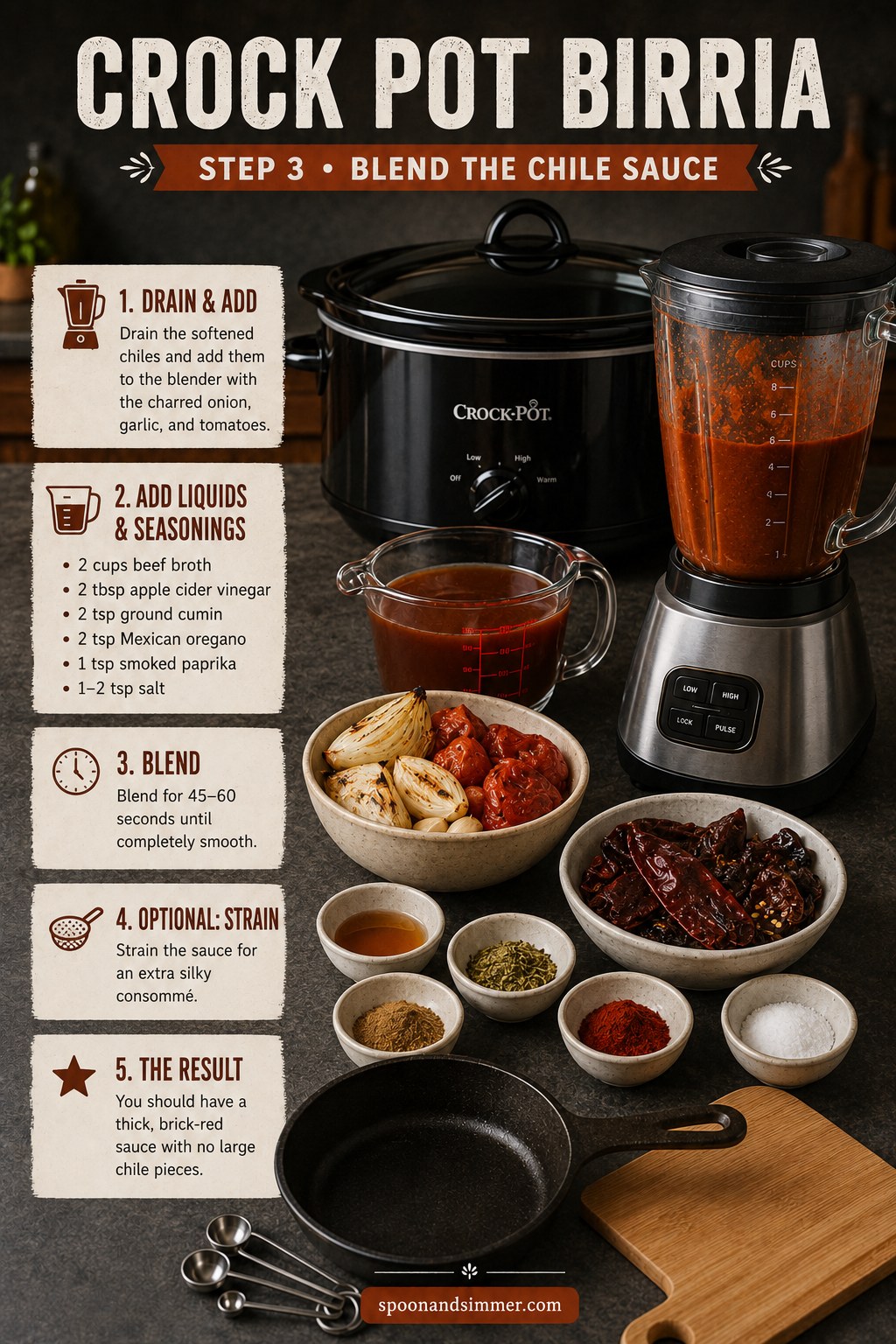 Blending softened chiles and charred vegetables into a smooth red sauce for crock pot birria