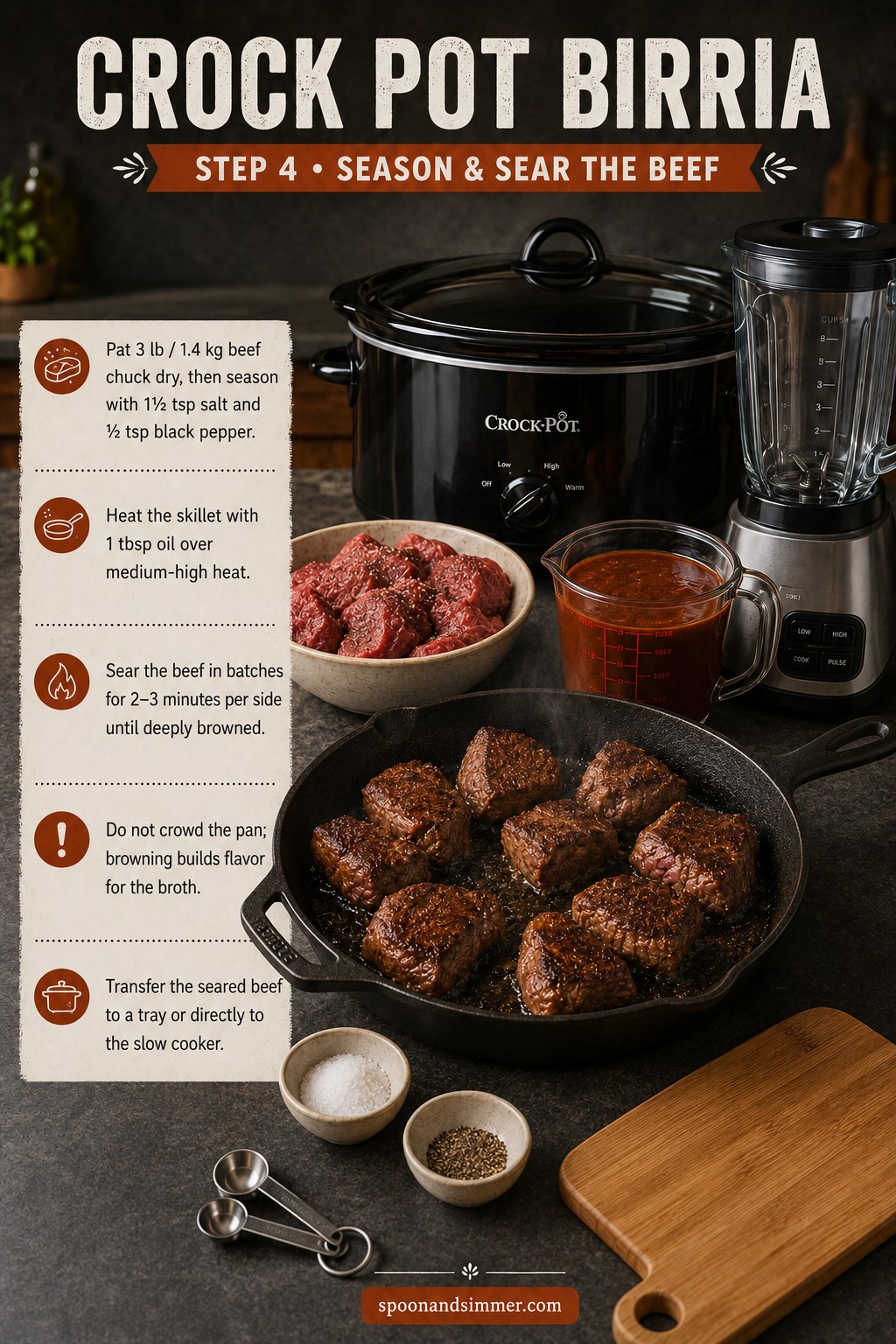 Searing seasoned beef chuck in a cast iron skillet for crock pot birria