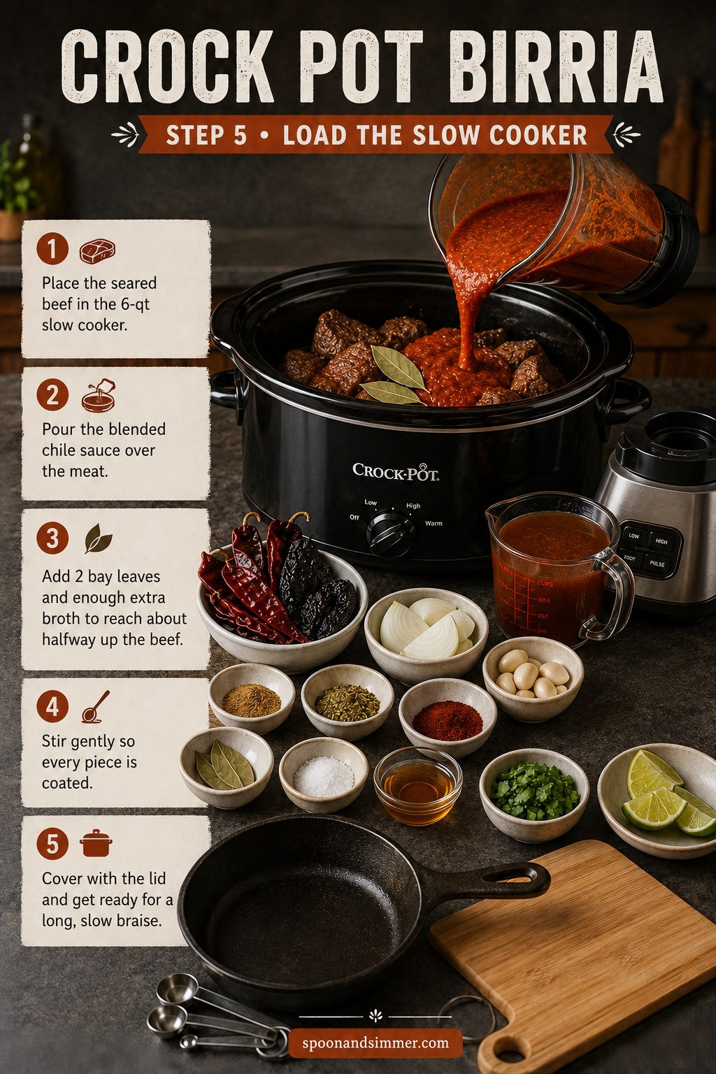 Pouring blended chile sauce over seared beef in a slow cooker for crock pot birria