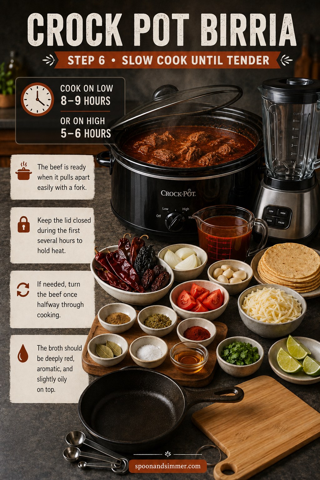 Crock pot birria simmering low and slow with deep red, aromatic broth on top
