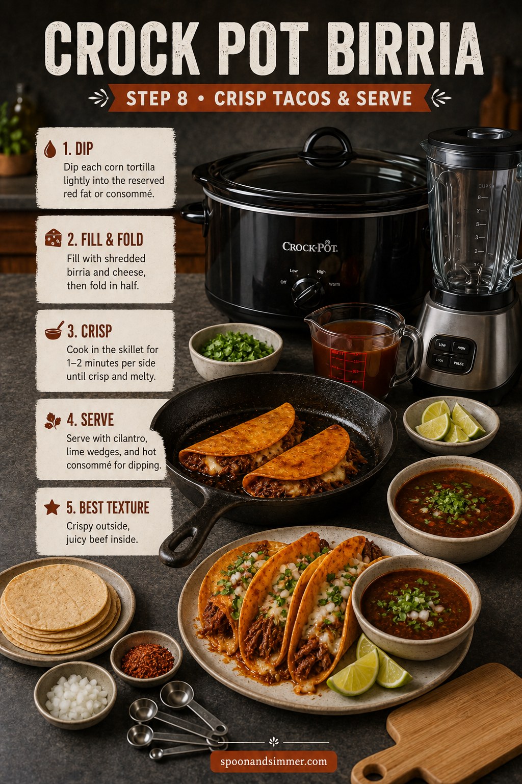 Crisping folded birria tacos in a skillet and serving with lime and consommé