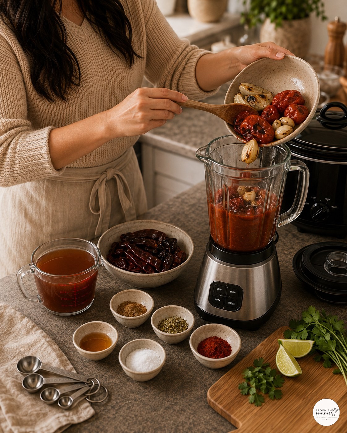 Adding charred vegetables and chiles into a blender for crock pot birria sauce