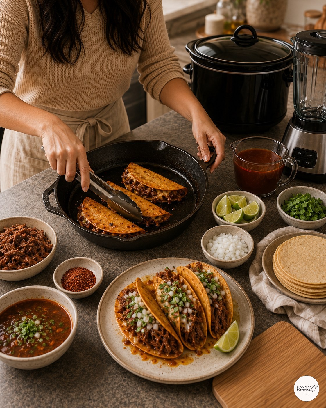 Crisping cheese-filled crock pot birria tacos in a cast iron skillet