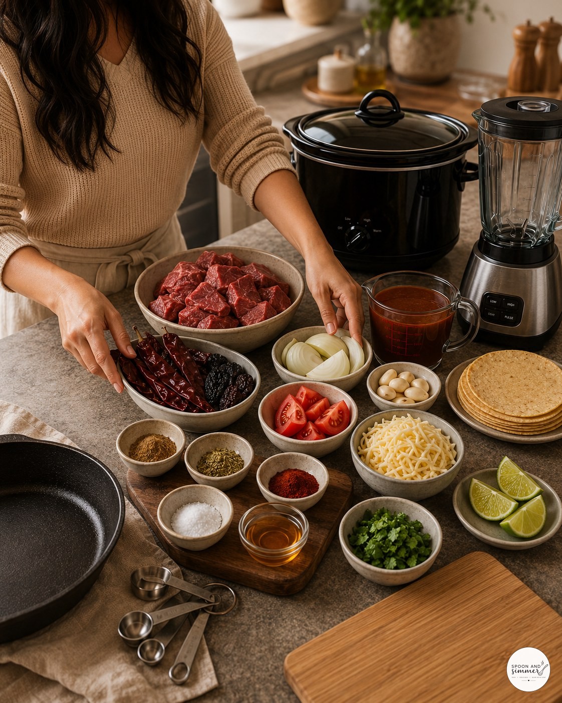 Home cook arranging crock pot birria ingredients on a kitchen counter before cooking