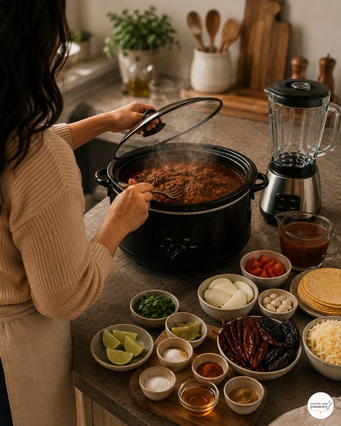 Lifting the lid on a slow cooker to check crock pot birria while it braises