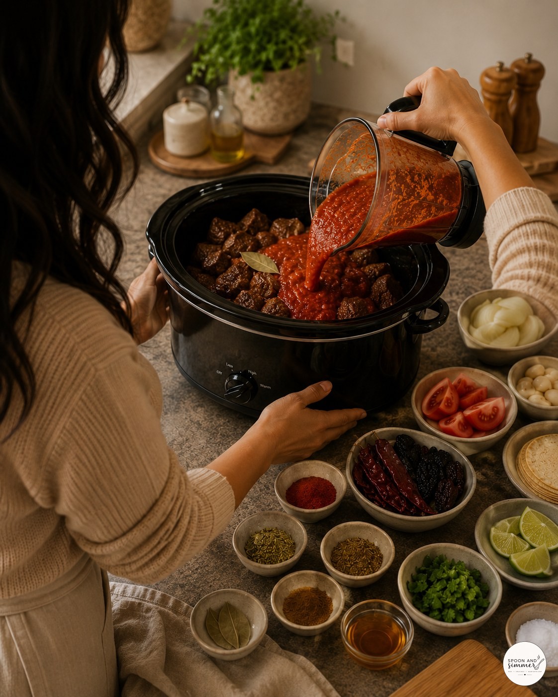 Pouring red chile sauce over seared beef in a slow cooker for crock pot birria