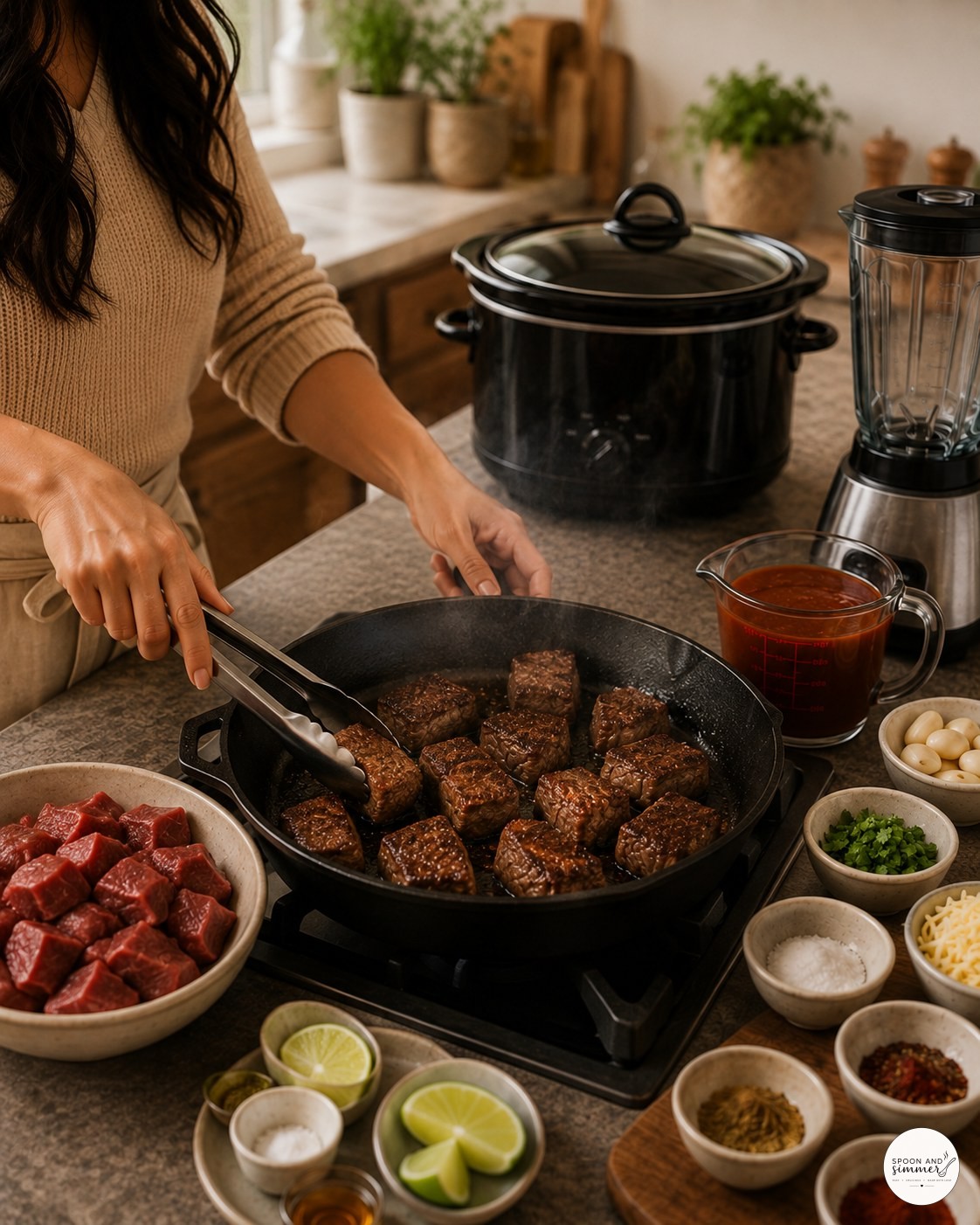 Searing beef chuck pieces in a cast iron skillet for crock pot birria