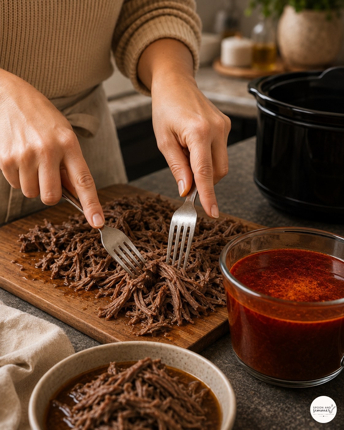 Shredding tender crock pot birria beef with two forks on a wooden board