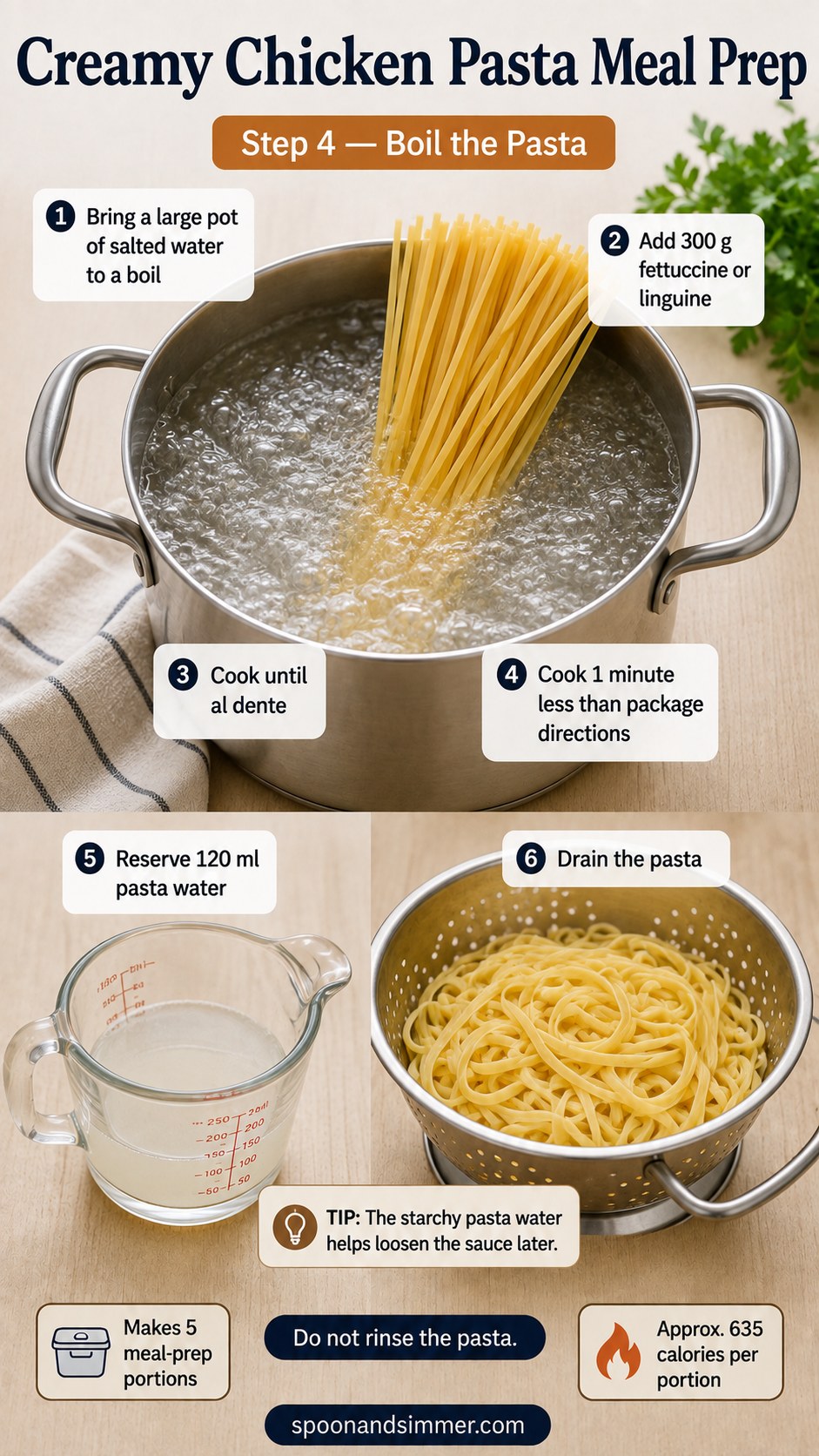 Fettuccine pasta boiling in a large pot for honey butter chicken alfredo meal prep