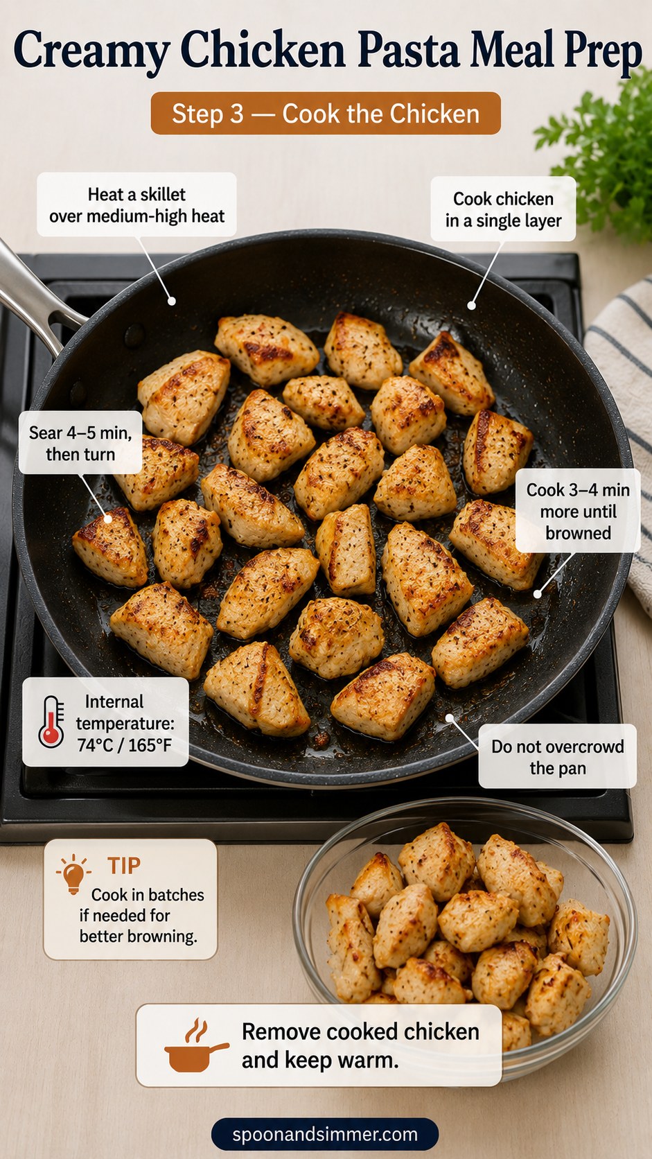 Seared golden chicken pieces in a skillet for honey butter chicken alfredo meal prep