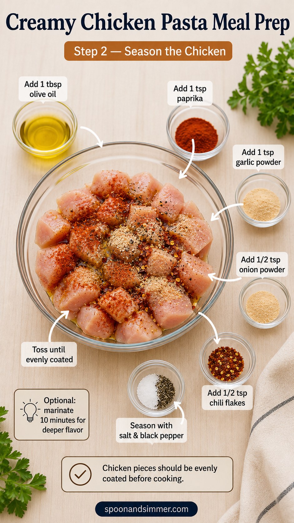 Raw cubed chicken seasoned with paprika and garlic powder for honey butter chicken alfredo meal prep