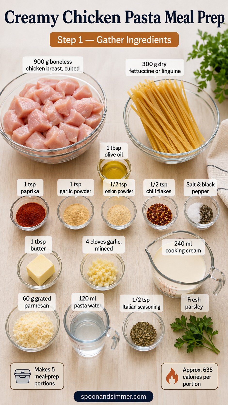 Ingredients laid out for honey butter chicken alfredo meal prep including chicken, pasta, and cream