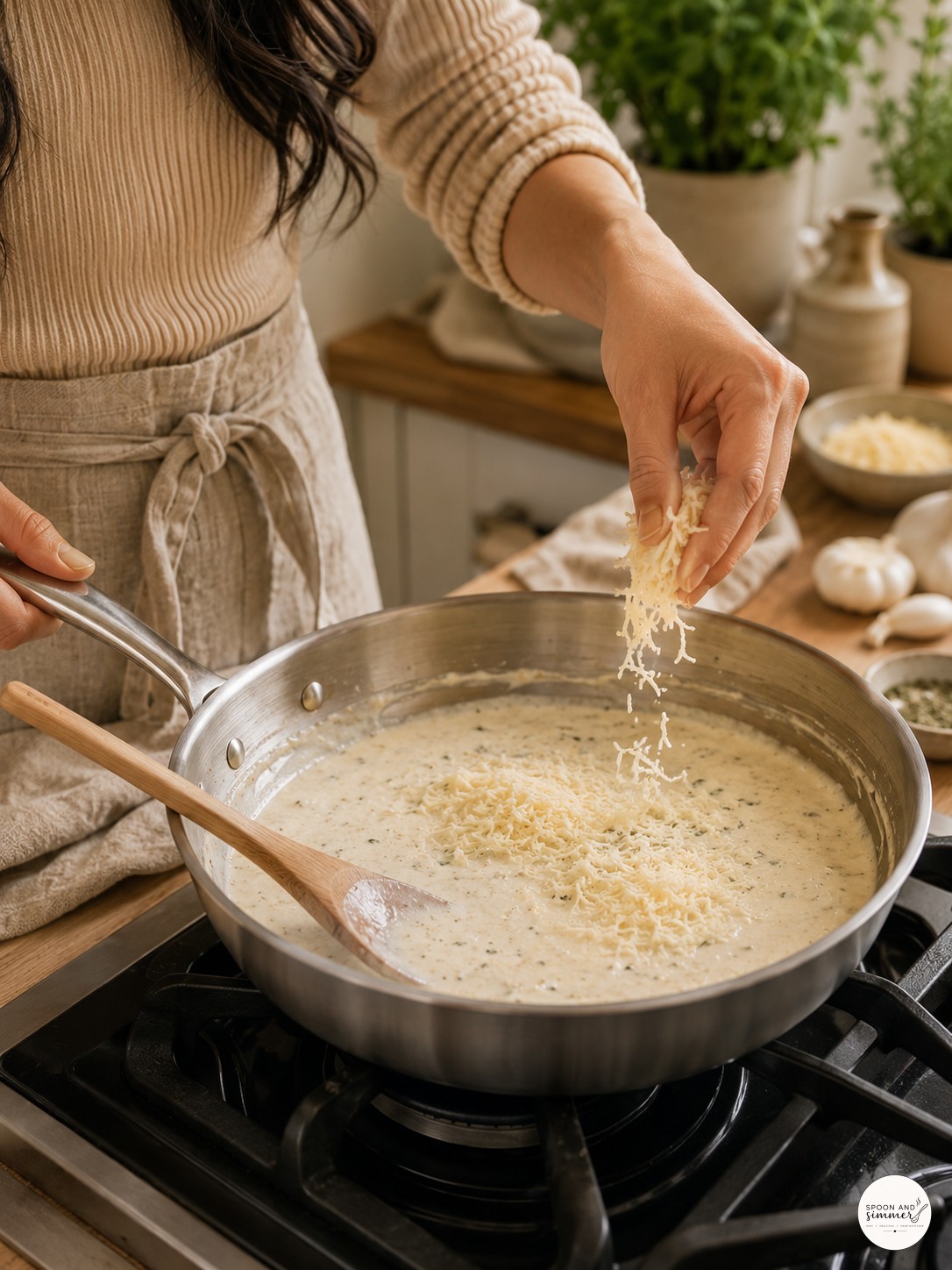 Grated parmesan being sprinkled into simmering cream sauce in a stainless steel skillet