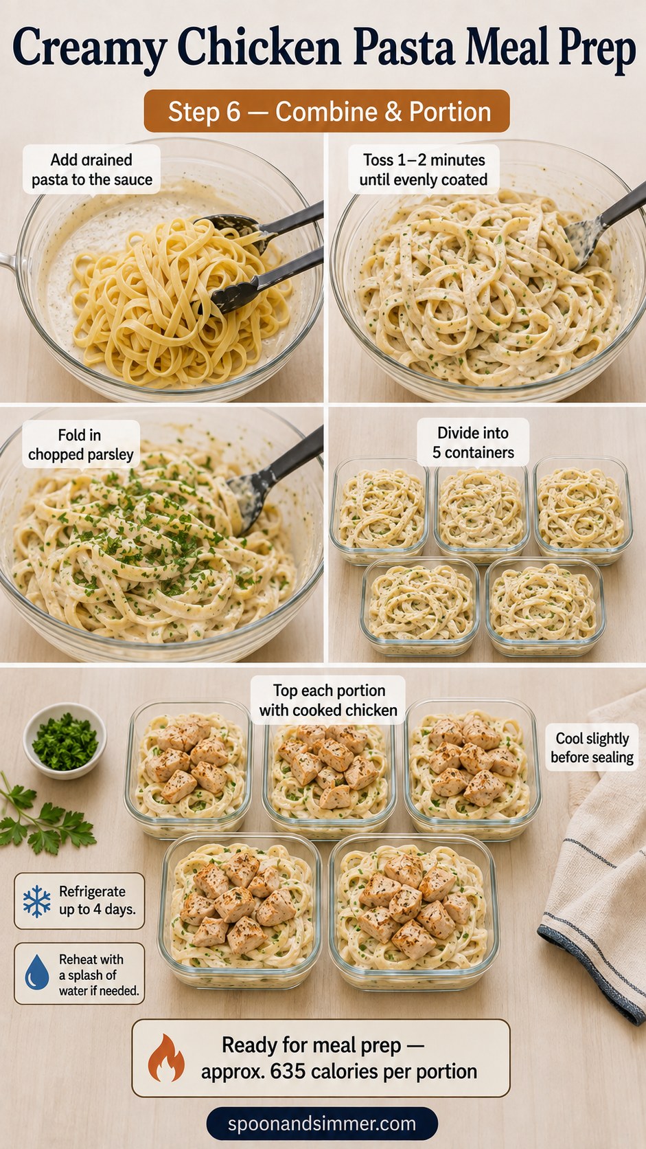 Five glass containers portioned with pasta and chicken for honey butter chicken alfredo meal prep