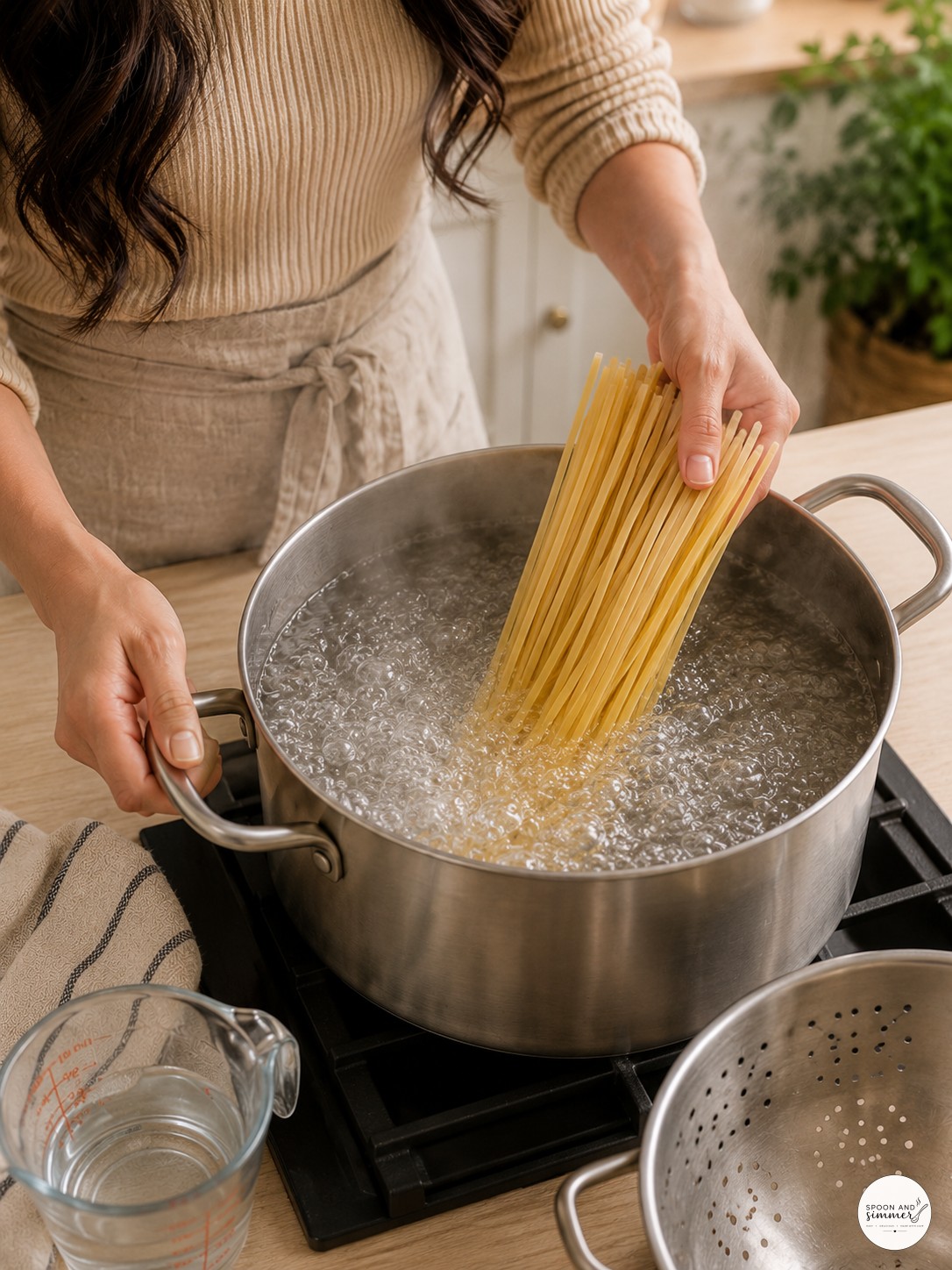 Hands lowering dry fettuccine pasta into a pot of boiling water on the stove