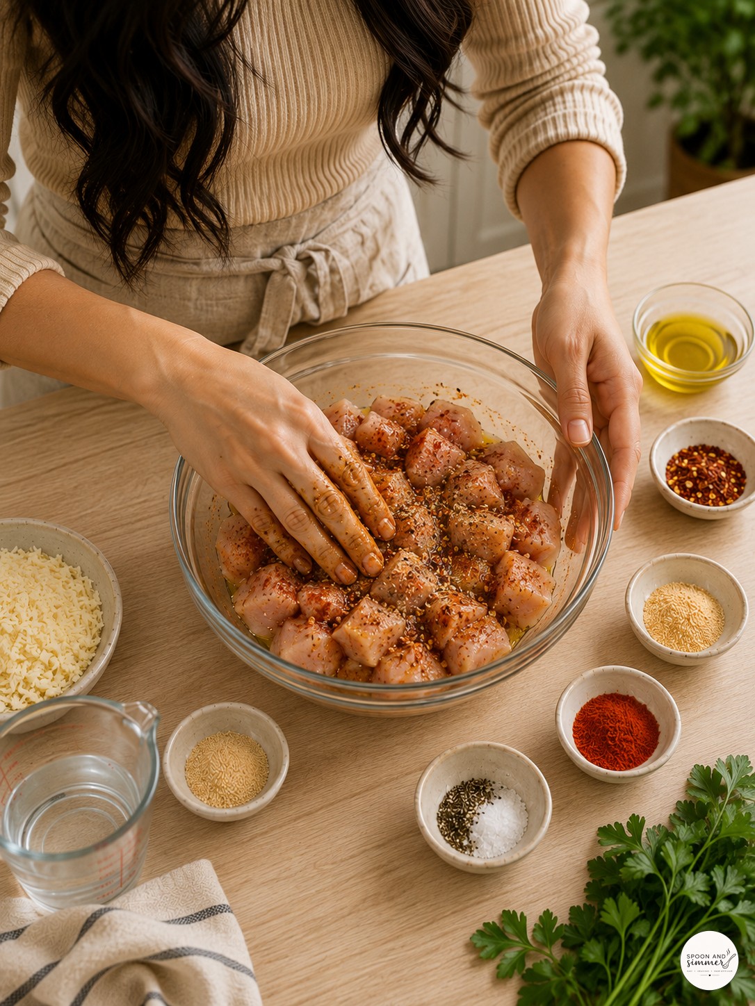 Hands mixing paprika-seasoned raw chicken cubes in a glass bowl on a countertop
