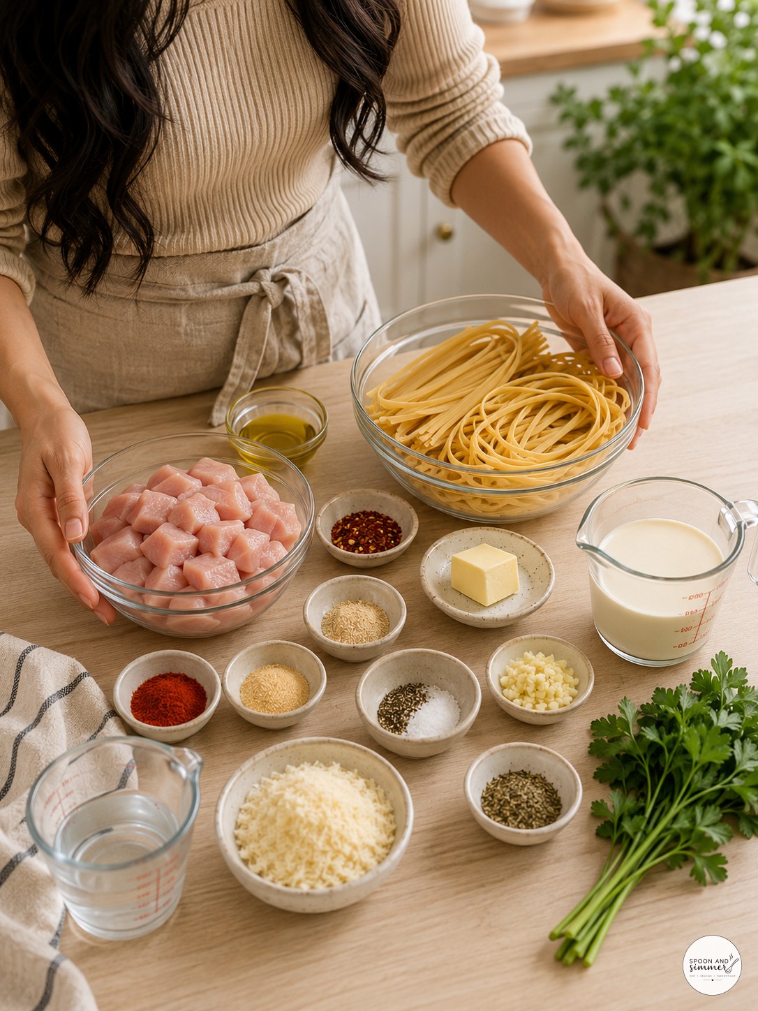 Woman arranging chicken, pasta, and cream ingredients on a wooden counter for meal prep
