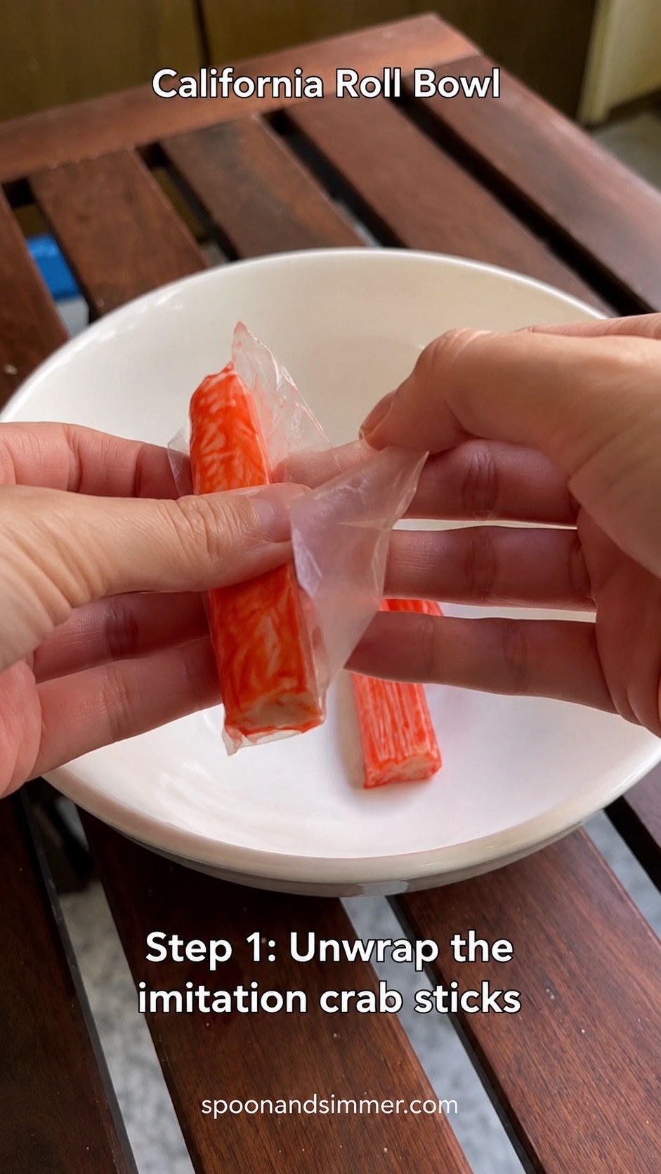 Unwrapping imitation crab sticks over a white bowl to start a California roll bowl
