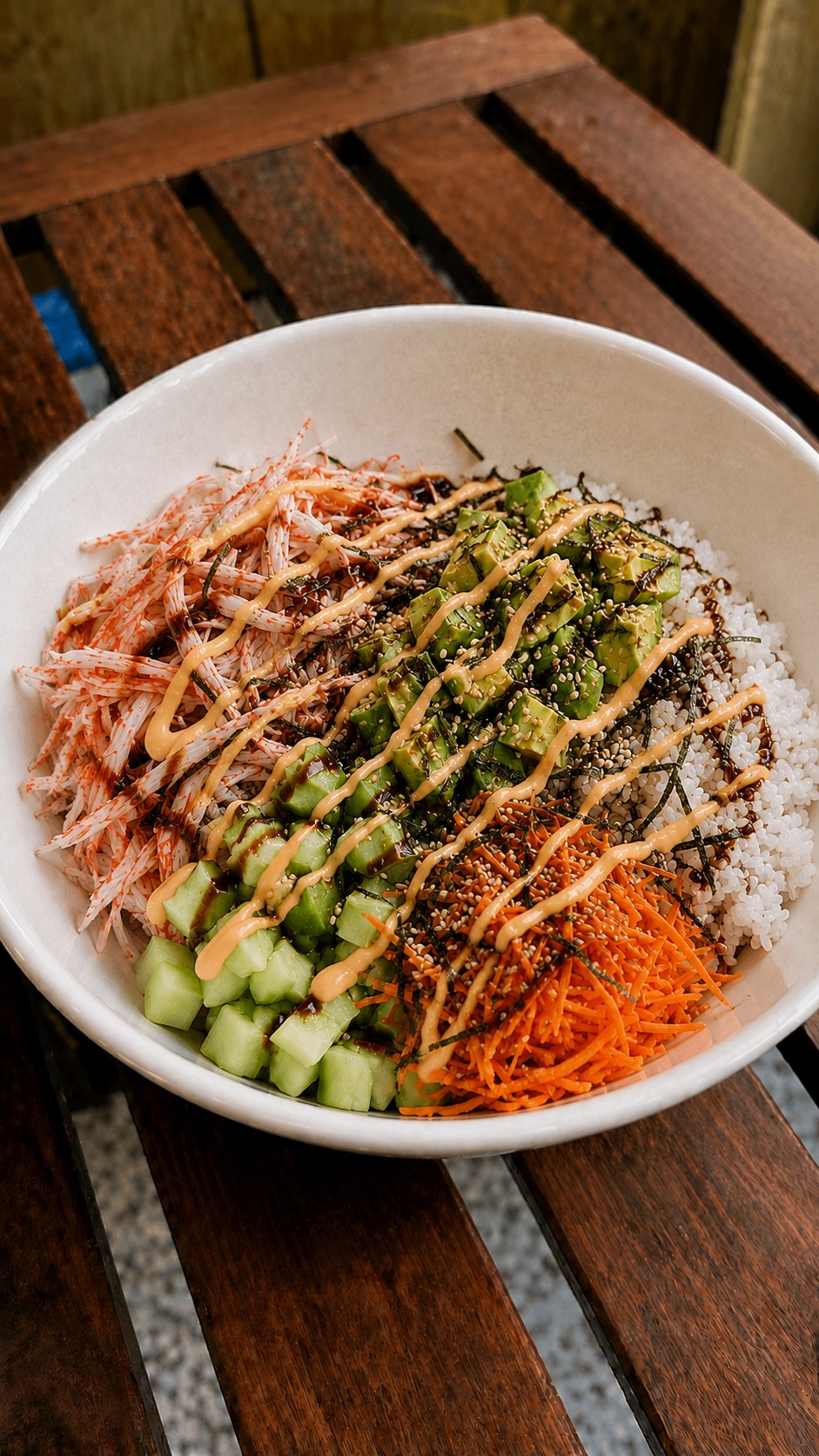 Overhead view of a finished imitation crab California roll bowl with mayo drizzle