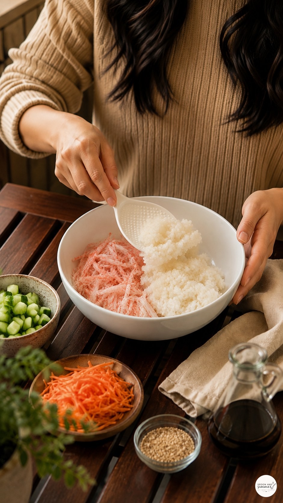 Adding day-old seasoned sushi rice to shredded crab in a wooden table setting