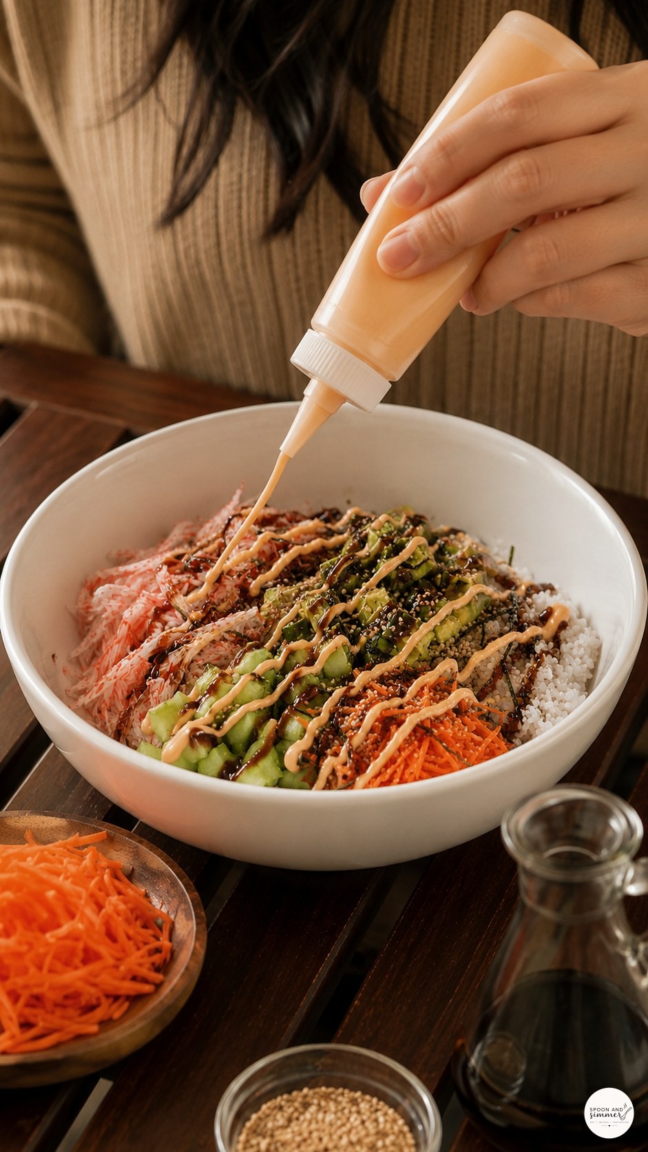 Drizzling homemade spicy mayo sauce over a real imitation crab California roll bowl