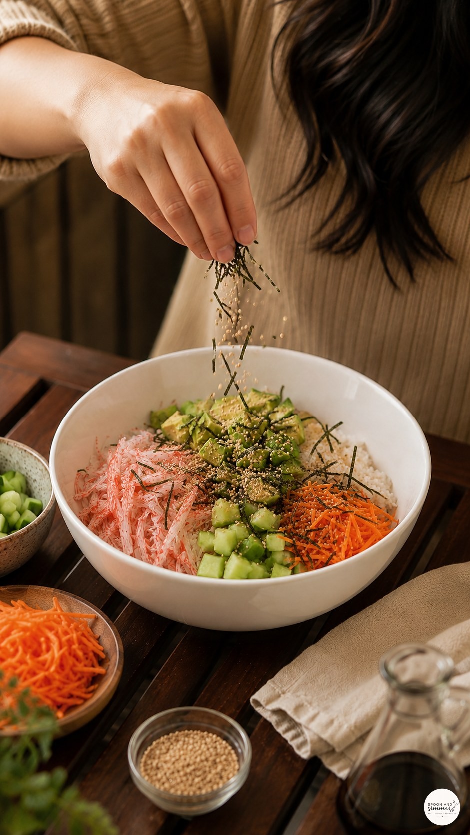 Sprinkling crumbled nori and sesame over a fresh California roll bowl outdoors