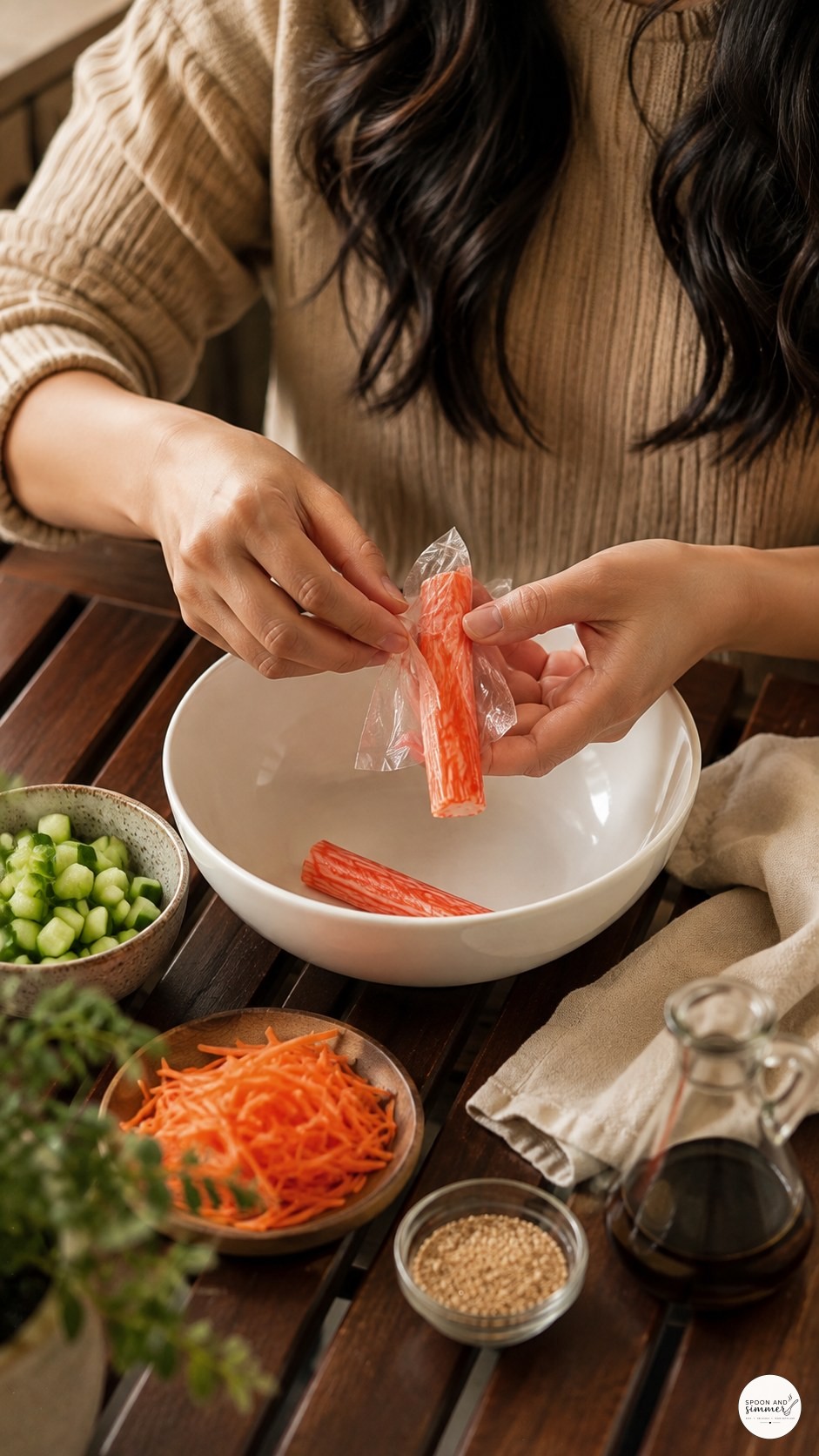 Unwrapping an imitation crab stick at a wooden table with prepped ingredient bowls nearby