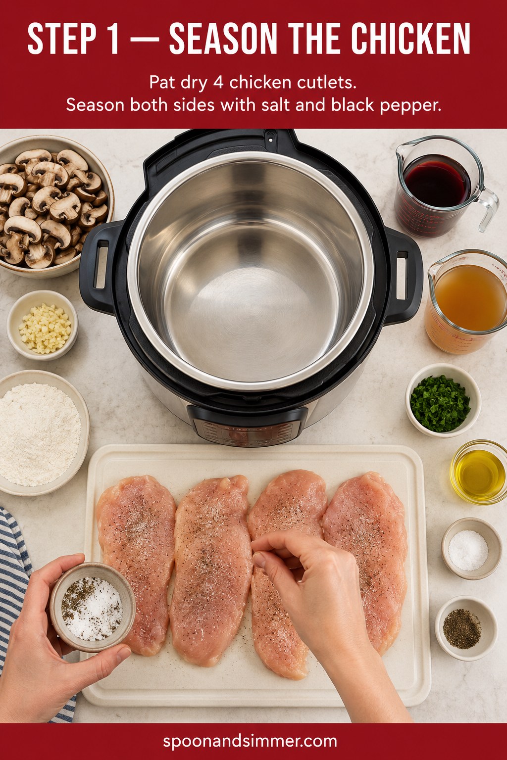 Hands seasoning raw chicken cutlets with salt and pepper for Instant Pot chicken marsala