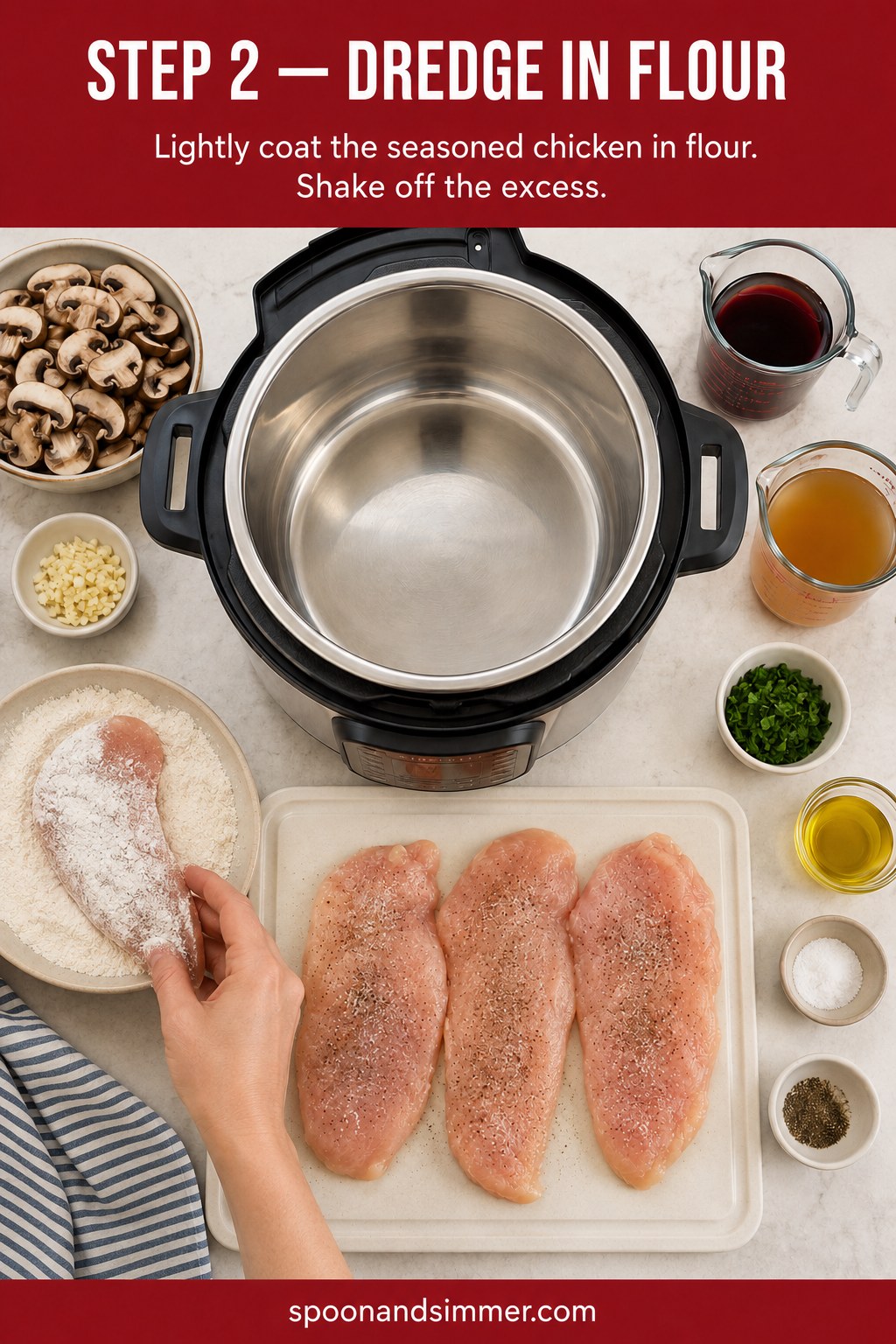 Dredging seasoned chicken cutlets in flour before browning for Instant Pot chicken marsala